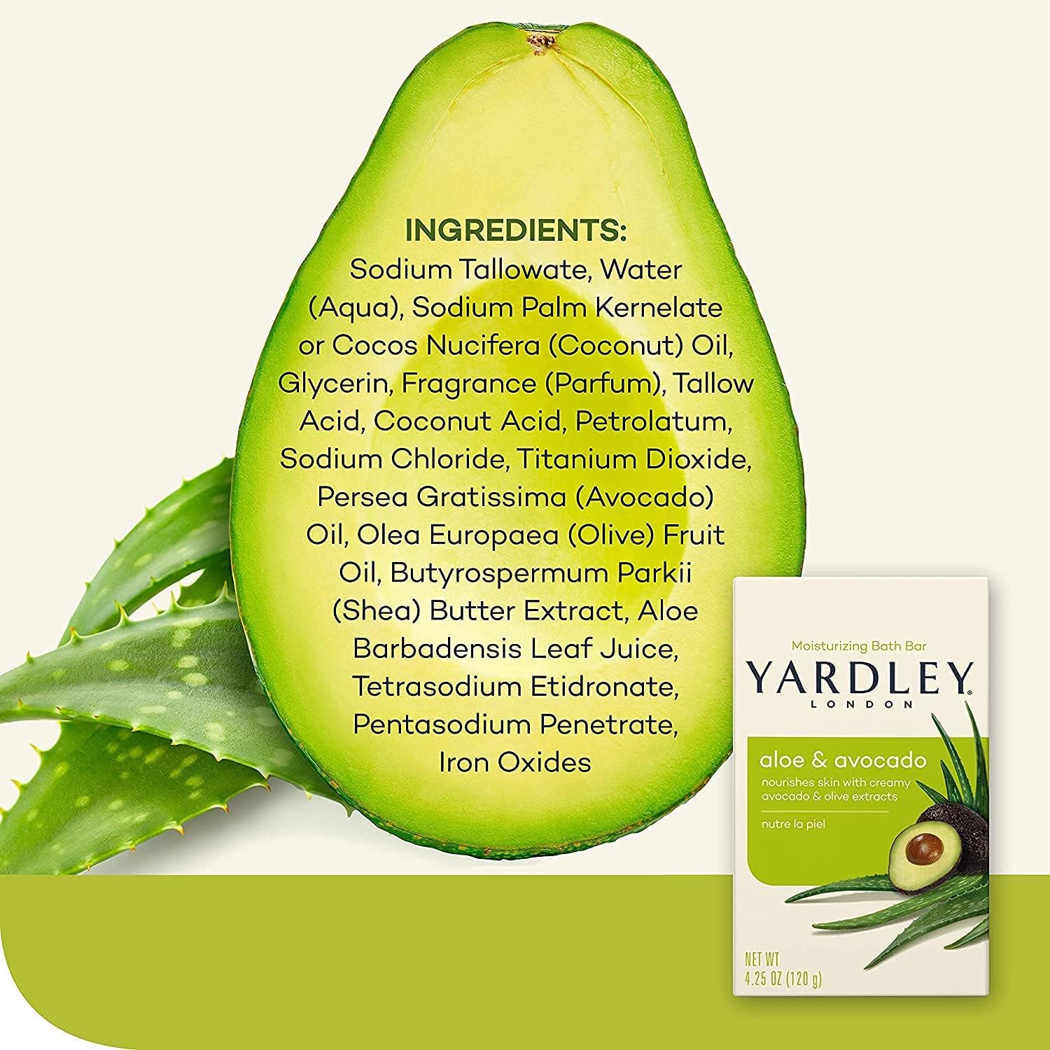 Yardley London Aloe & Avocado Moisturizing Soap Bar - 4.25 oz (Pack of 4) | Natural Skin Care for Dry & Sensitive Skin | Perfect for Shower, Bath & Travel