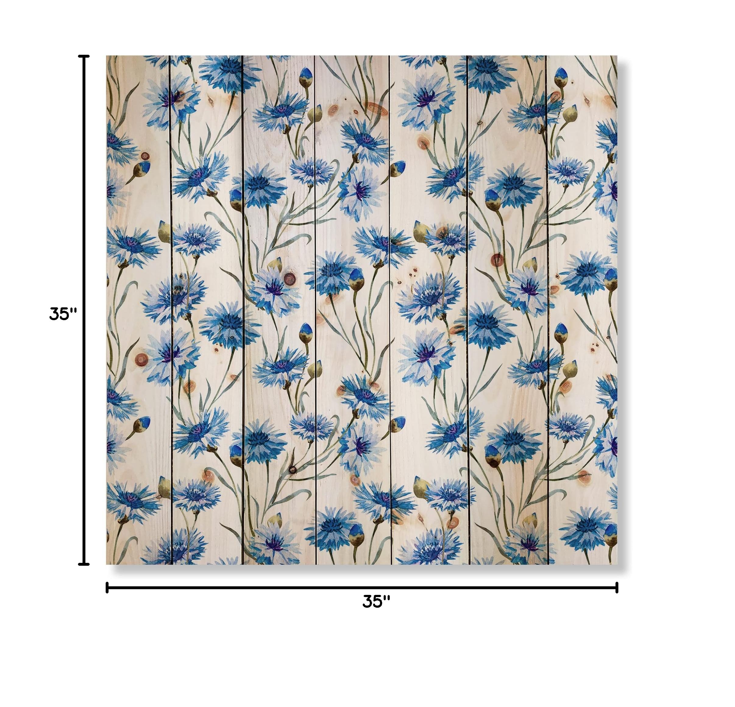 Blue Cornflowers with Green Leaves Traditional Wood Wall Decor - Large Floral Pine Wood Art Panel for Living Room, Bedroom & Office Decoration