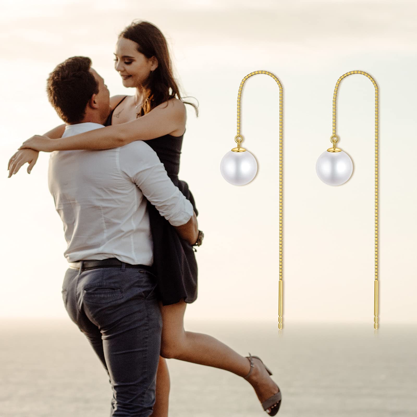 14Kt Solid Gold Pearl Dangle Earrings for Women - Elegant Freshwater Cultured Pearl Threader Drop Earrings with Durable Gold Box Chain | Perfect Gift for Her, Birthday, Anniversary & Special Occasions