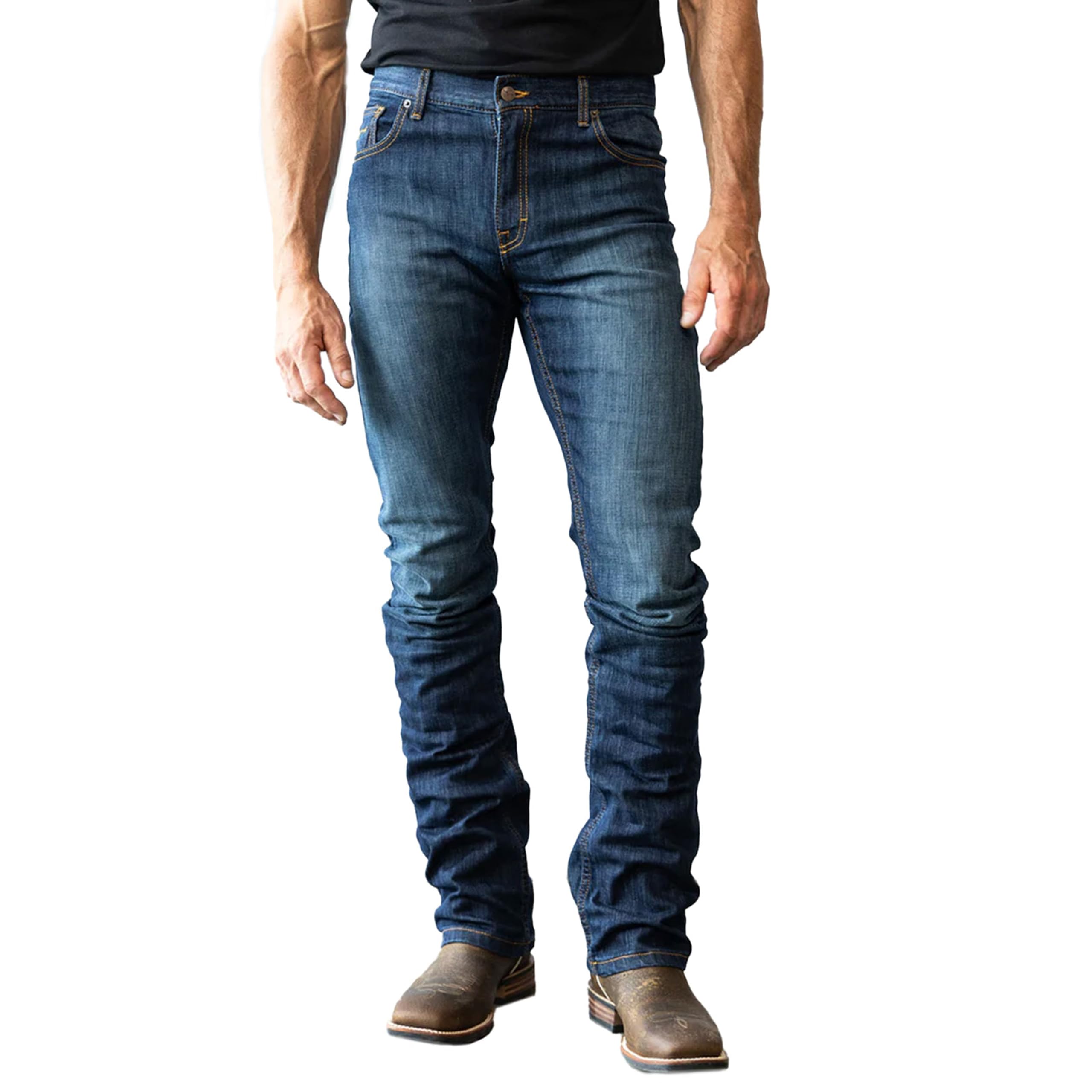 Kimes Ranch Men's Roger Casual Western Cowboy Jeans - Slim Fit Boot Cut Mid Rise Blue Denim Pants for Riding, Work & Everyday Wear