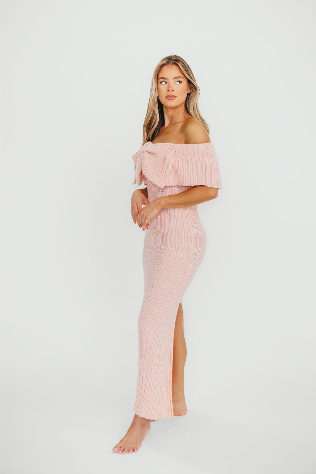 Aston Bow Front Maxi Sweater Dress in Pinkish Petal - Bump Friendly Maternity Dress, Inclusive Sizing (S-3XL) | Cozy Winter Outfit, Casual Office Wear & Special Occasion Dress