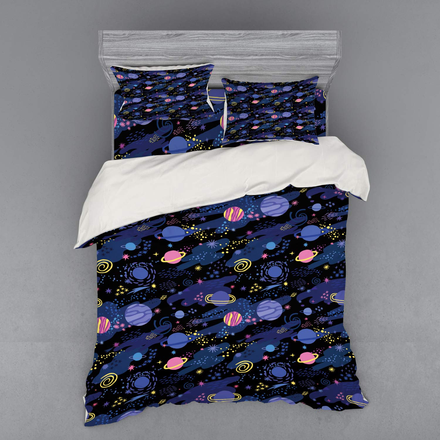 Ambesonne Galaxy Duvet Cover Set - 4 Piece Queen Size Space Themed Bedding with Pillow Shams & Fitted Sheet, Dark Blue Pink Cosmic Design - Perfect for Astronomy Lovers' Bedroom Decor & Gift Ideas