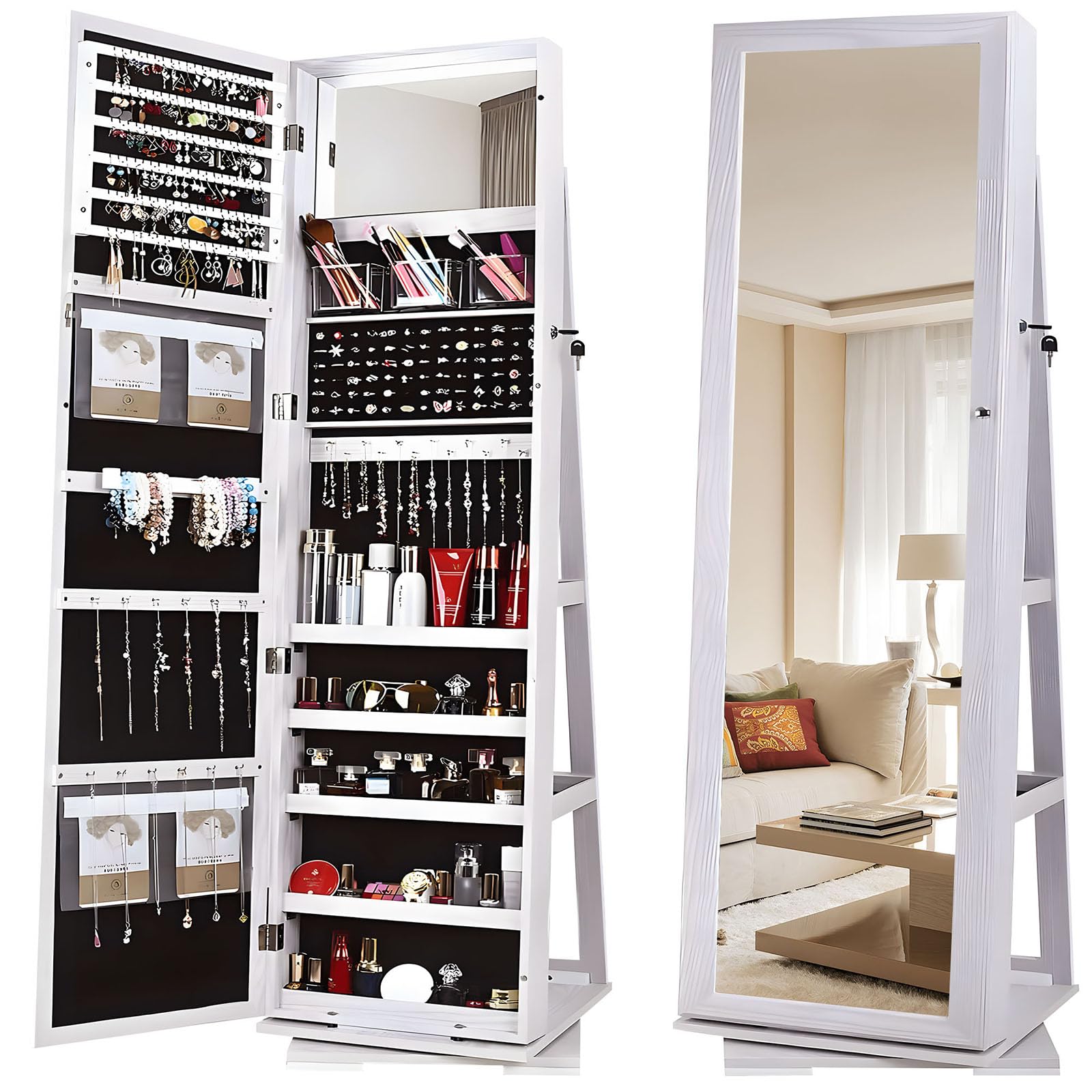 SOGES 360° Swivel Full Length Jewelry Mirror Cabinet with Lockable Storage & Rotating Organizer - White | Standing Mirror with Back Shelves for Jewelry Display & Bedroom Decor