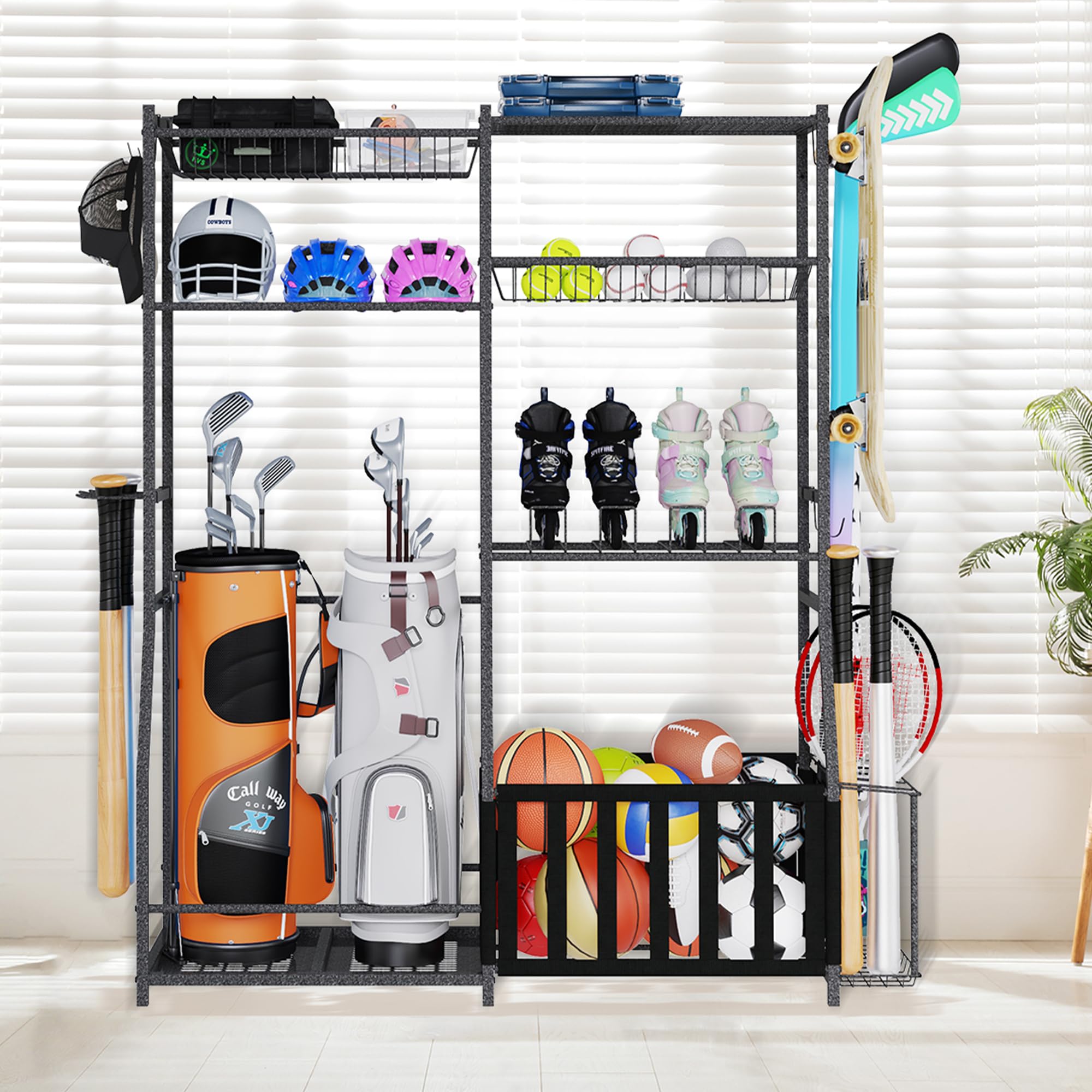 HOMREST 2-Pack Golf Bag Storage Stand with Ball Holder & Hooks - Garage Sports Organizer with Basket - Black - Perfect for Organizing Golf Clubs, Sports Balls & Toy Equipment in Garage, Basement or Playroom
