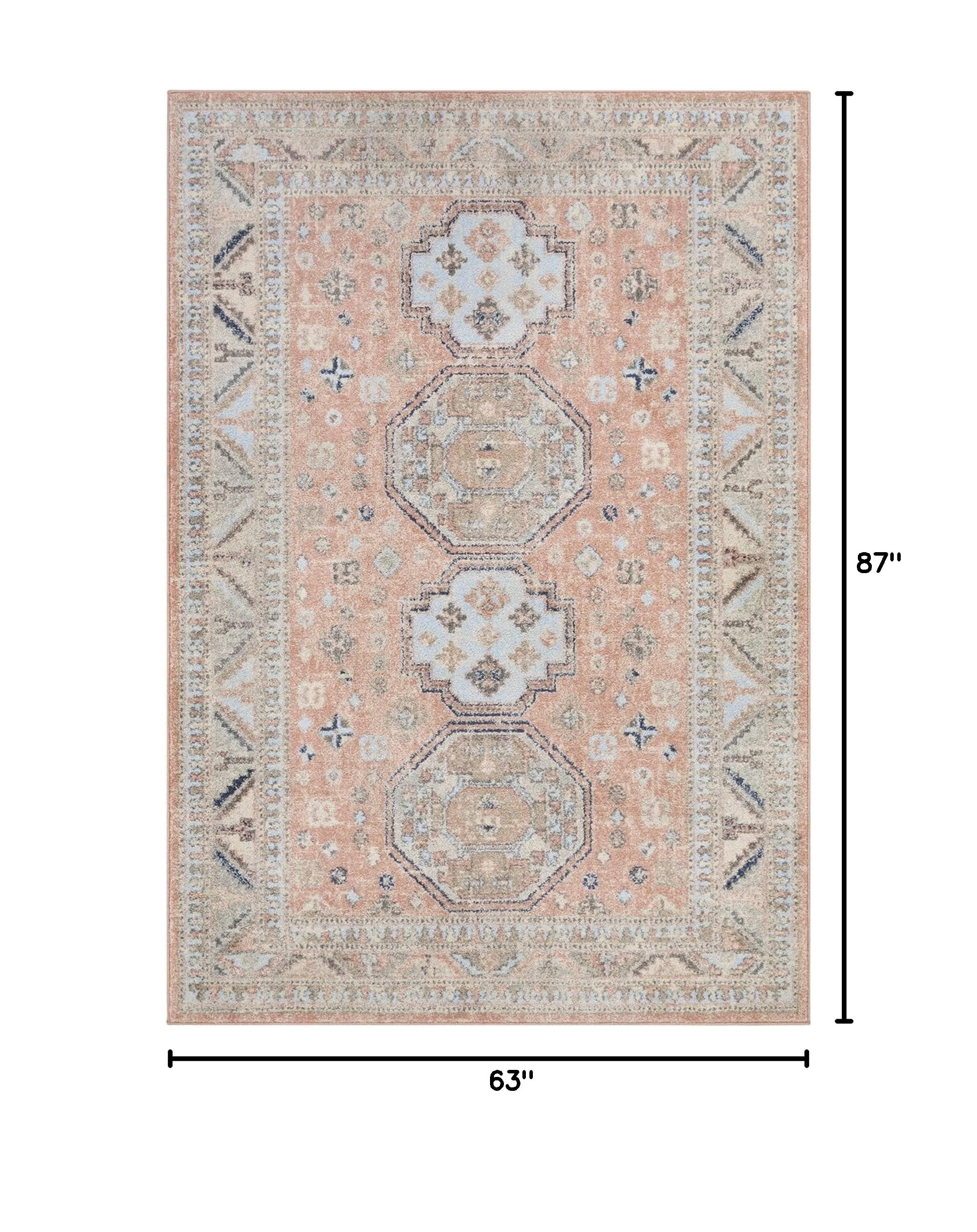 Mark&Day 5x7 Fribourg Traditional Coral Area Rug - Non-Slip Pink Blue Carpet for Living Room, Bedroom, Kitchen - Soft & Durable (5'3