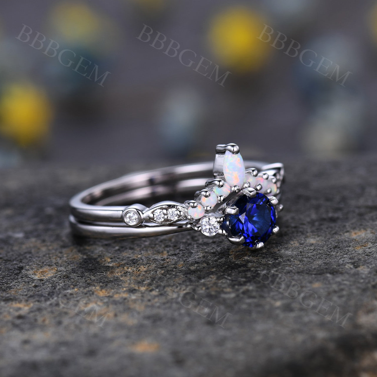 Sapphire Selene Diamond Ring & Opal Stackable Band Set – 2-Piece Wedding & Anniversary Jewelry for Women | Perfect for Bridal, Engagement, and Special Occasions