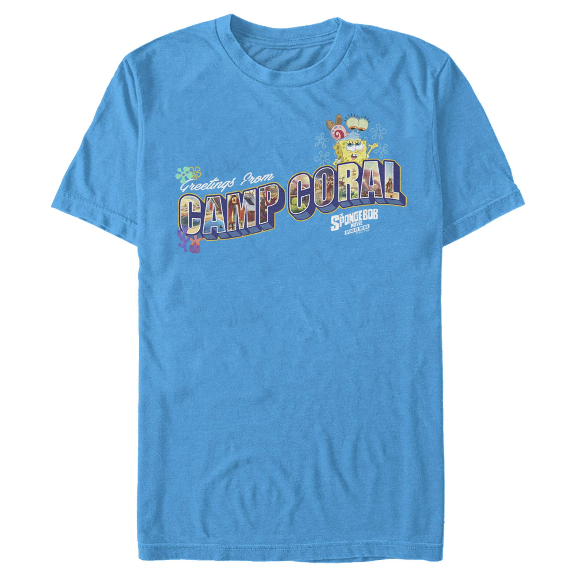 SpongeBob SquarePants Camp Coral Postcard Graphic T-Shirt for Men | Soft Cotton Tee | Funny Cartoon Character Shirt | Perfect for Beach Outings, Casual Wear & Fan Gifts