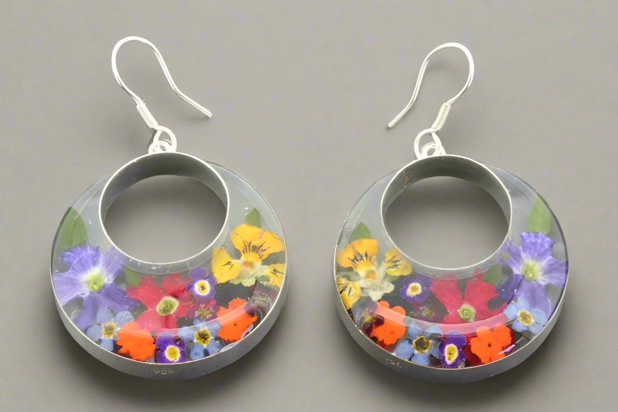 Handmade Resin Flower Earrings - Large Cutout Circle Dangle Earrings for Women | Boho Chic Jewelry for Parties, Weddings & Everyday Wear
