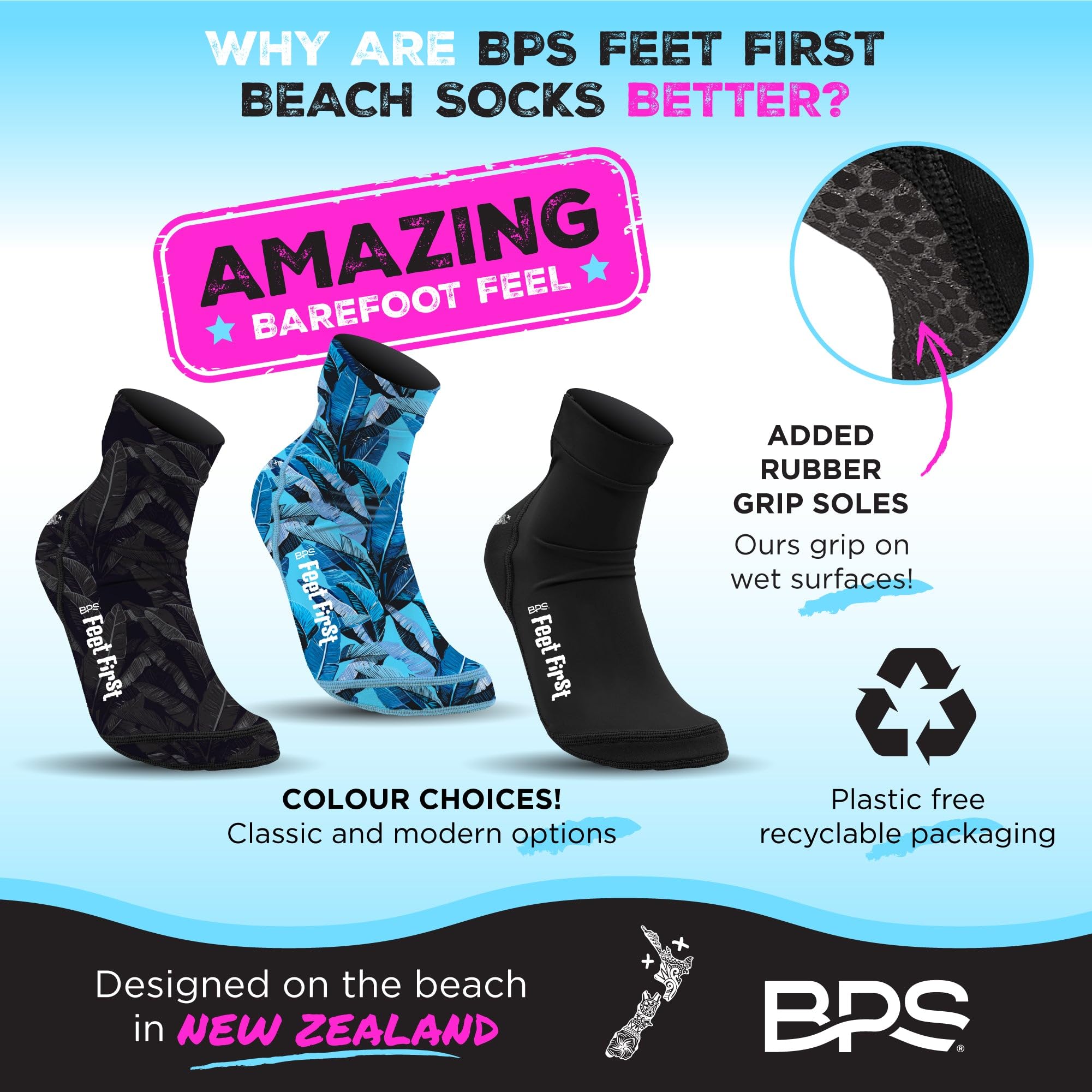 BPS New Zealand 'Feet First' Beach Volleyball & Soccer Sand Socks - Water Sports Footwear with Flexible Kevlar Soles for Men & Women - Perfect for Beach, Volleyball, Soccer, and Outdoor Activities