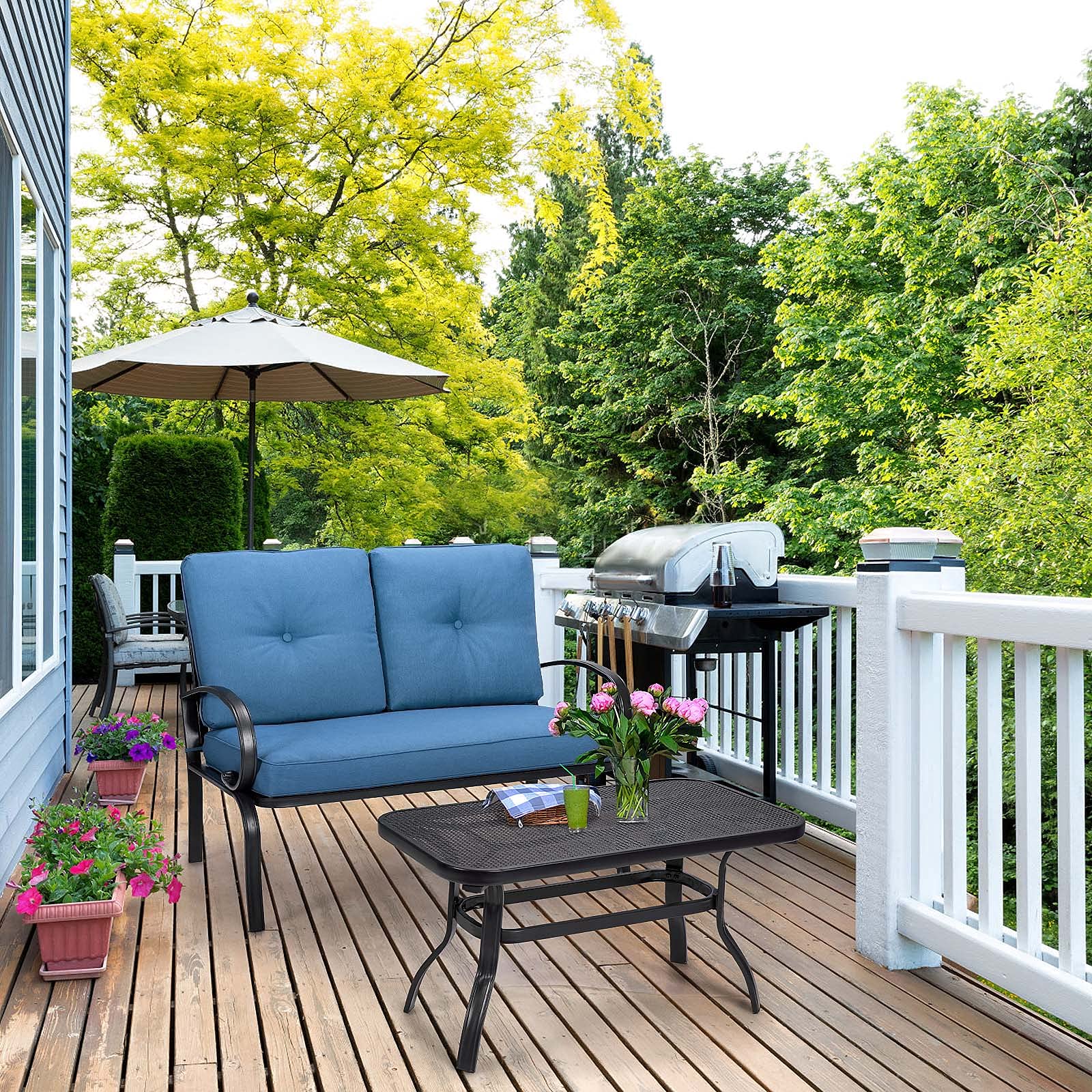 Giantex Outdoor Loveseat with Coffee Table - Patio Bench with Cushion & Sturdy Metal Frame - Navy & Black Garden Sofa Set for Porch, Yard, Poolside - Perfect for Relaxing, Entertaining & Outdoor Lounging