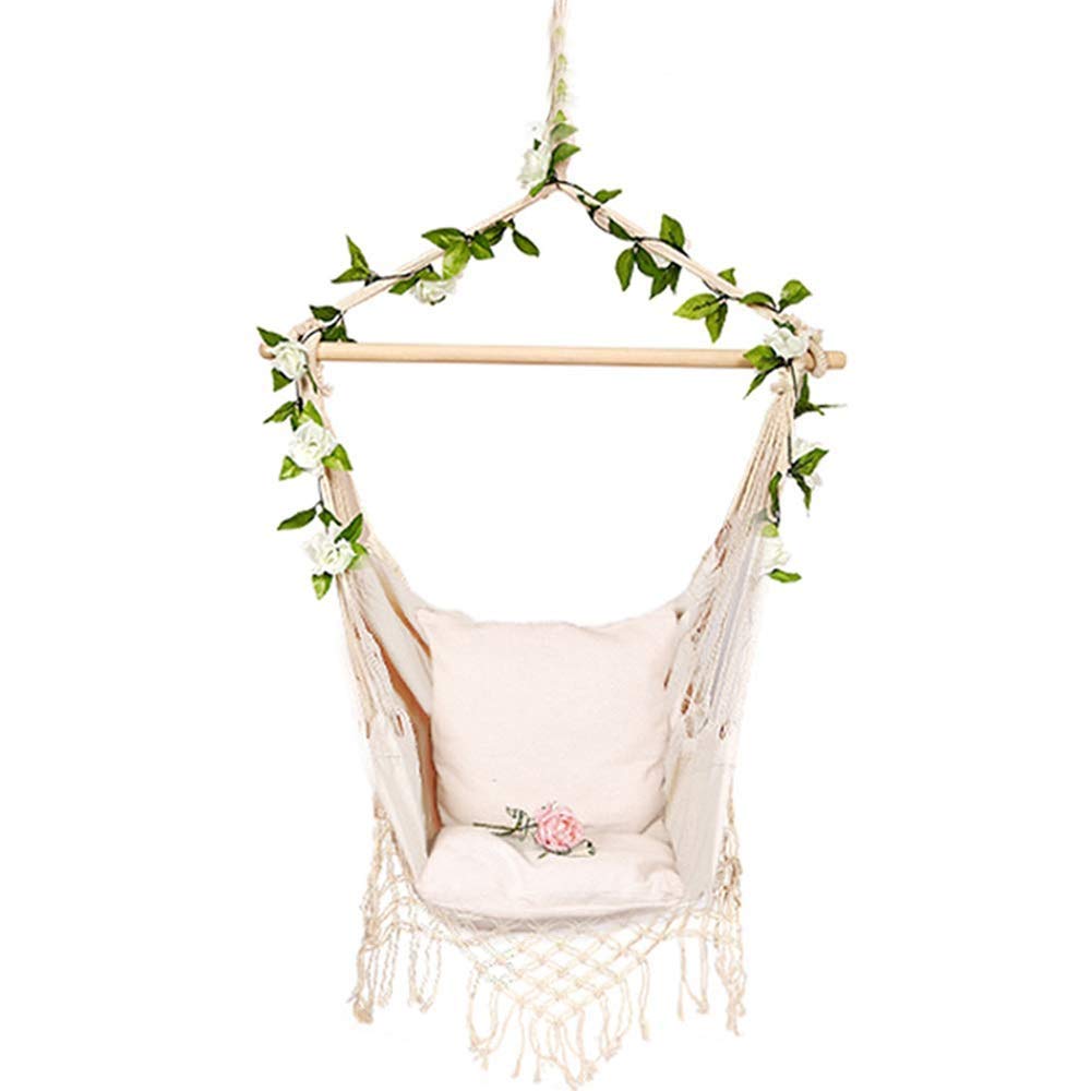 Brazilian Hanging Rope Hammock Chair Swing - Large Comfortable Net Seat with 2 Cushions for Indoor & Outdoor Use - Perfect for Porch, Patio, Yard, Bedroom (Creamy-White) - Relaxation & Reading Nook