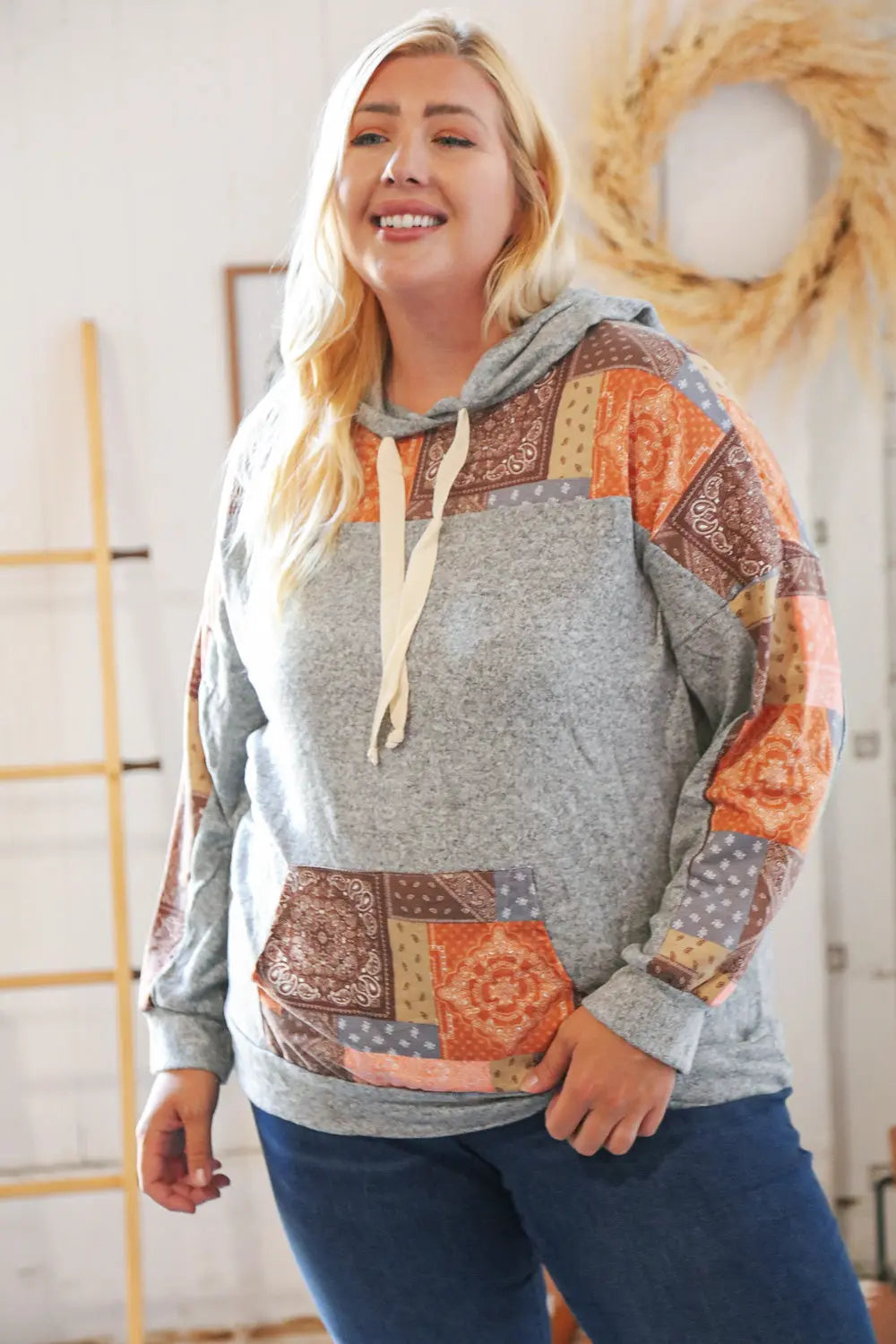 Stylish Harvest Ethnic Patchwork Print Kangaroo Pocket Hoodie for Women - Cozy Fall Fashion Sweatshirt with Pockets | Perfect for Casual Outfits, Autumn Layering & Outdoor Activities