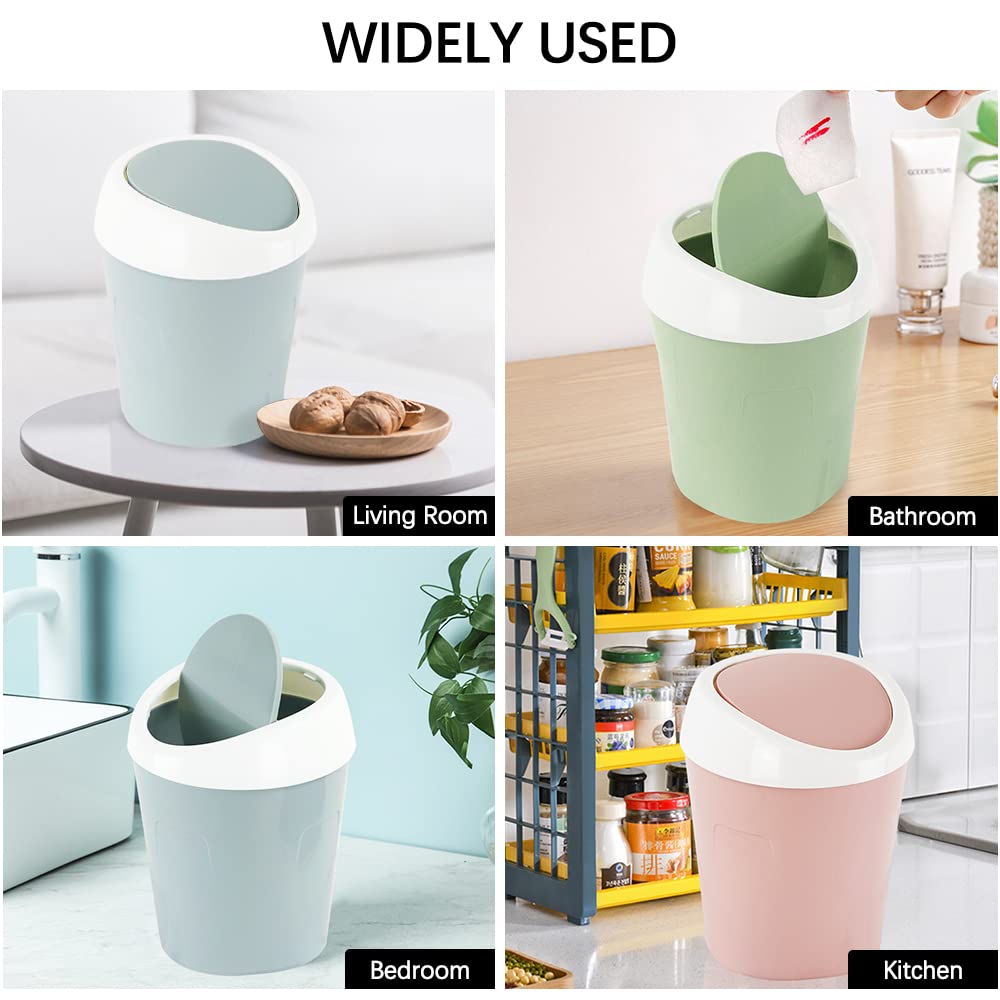 2PCS Mini Plastic Waste Baskets with Swing Lid & 4 Bin Liners - Compact Bathroom Trash Can for Home, Office, Vanity, Bedroom - 10.5x10.5x16.5cm (Green & Blue) | Perfect for Small Spaces, Makeup Organization & Desk Use