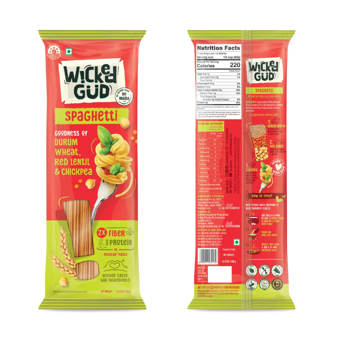 WickedGud 2X Fiber Penne & Spaghetti Pasta Combo - Healthy Durum Wheat Semolina, Brown Rice & Red Lentils Pasta (400g x 2) | No Maida | High Fiber Diet Pasta for Weight Loss & Gluten-Free Meals | Perfect for Italian Dishes, Vegan Recipes & Healthy Family Dinners