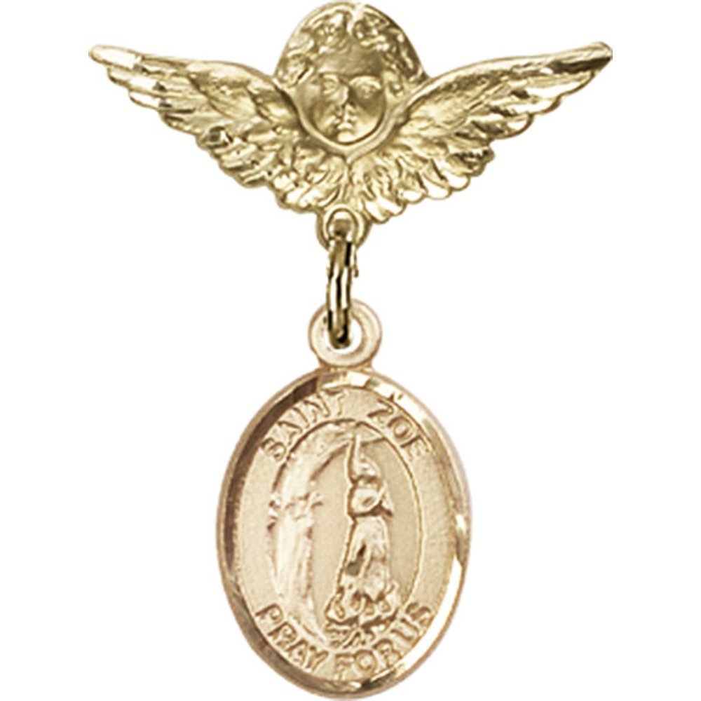 Gold Filled Baby Badge Pin with St. Zoe of Rome Charm & Angel Wing Charm - 1 x 3/4 Inch - Perfect for Christening Gifts, Baby Showers & Religious Jewelry Collections