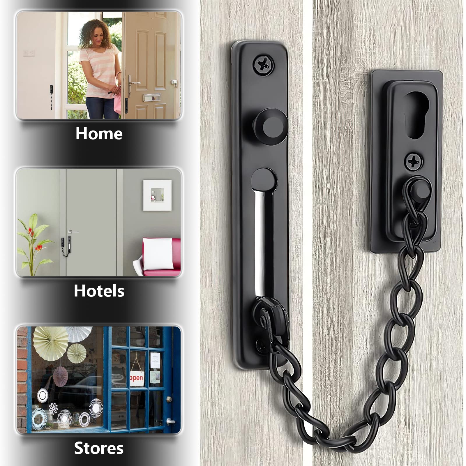 Stainless Steel Door Chain Lock with 4 Screws - Heavy Duty Security Latch for Bedroom, Inside Door, Home & Hotel Safety (Black) | Perfect for Apartment Security, Child Safety & Privacy Protection