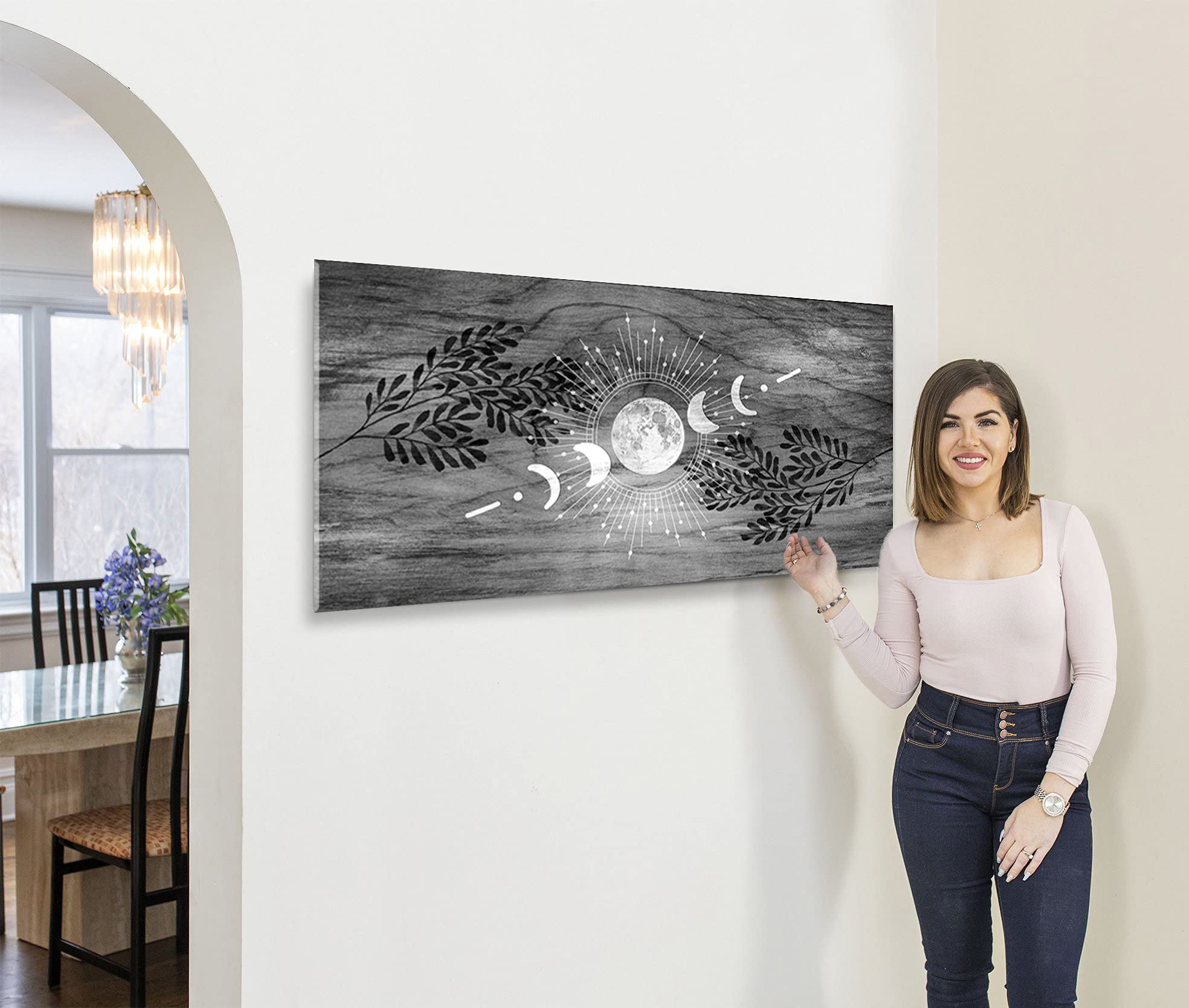Boho Moon Phases Framed Large Canvas Wall Art - Bohemian Home Decor with Modern Rustic Style (Grey, 42x19 Inches) - Perfect for Living Room, Bedroom & Office Wall Decor