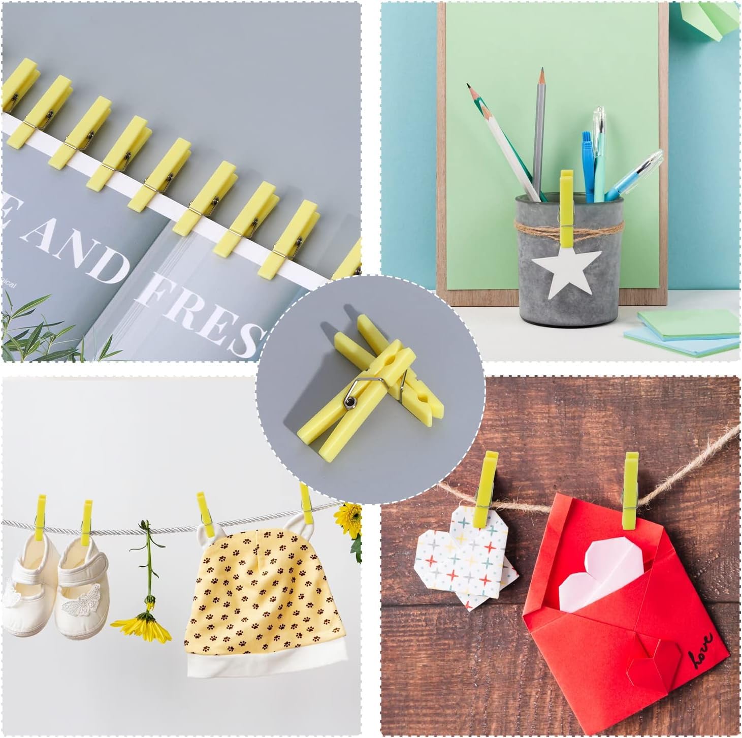 50-Pack Small Transparent Plastic Clothespins - 1.4 x 0.25 Inch Mini Clips for Clothesline, Photos, DIY Crafts & Baby Showers - Multipurpose Hanging Clips for Home, Office & Party Decor (Yellow)