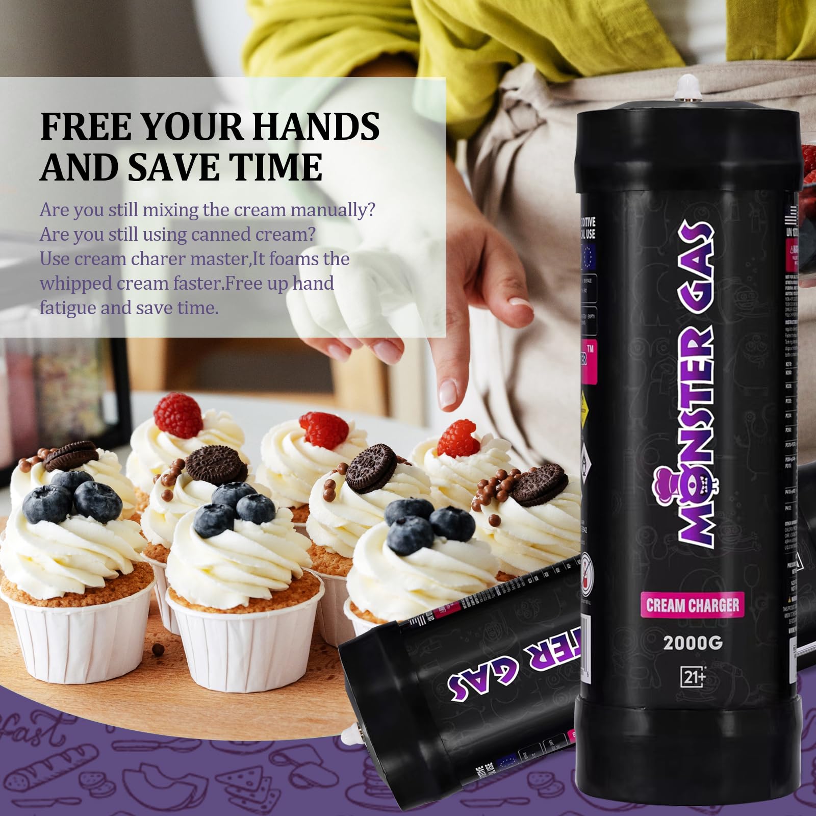 Premium Whipped Cream Charger 3.3L N2O Tank (2000g) - 1 Pack - Food Grade Nitrous Oxide for Professional Desserts & Coffee Toppings - Perfect for Bakeries, Cafes & Home Chefs