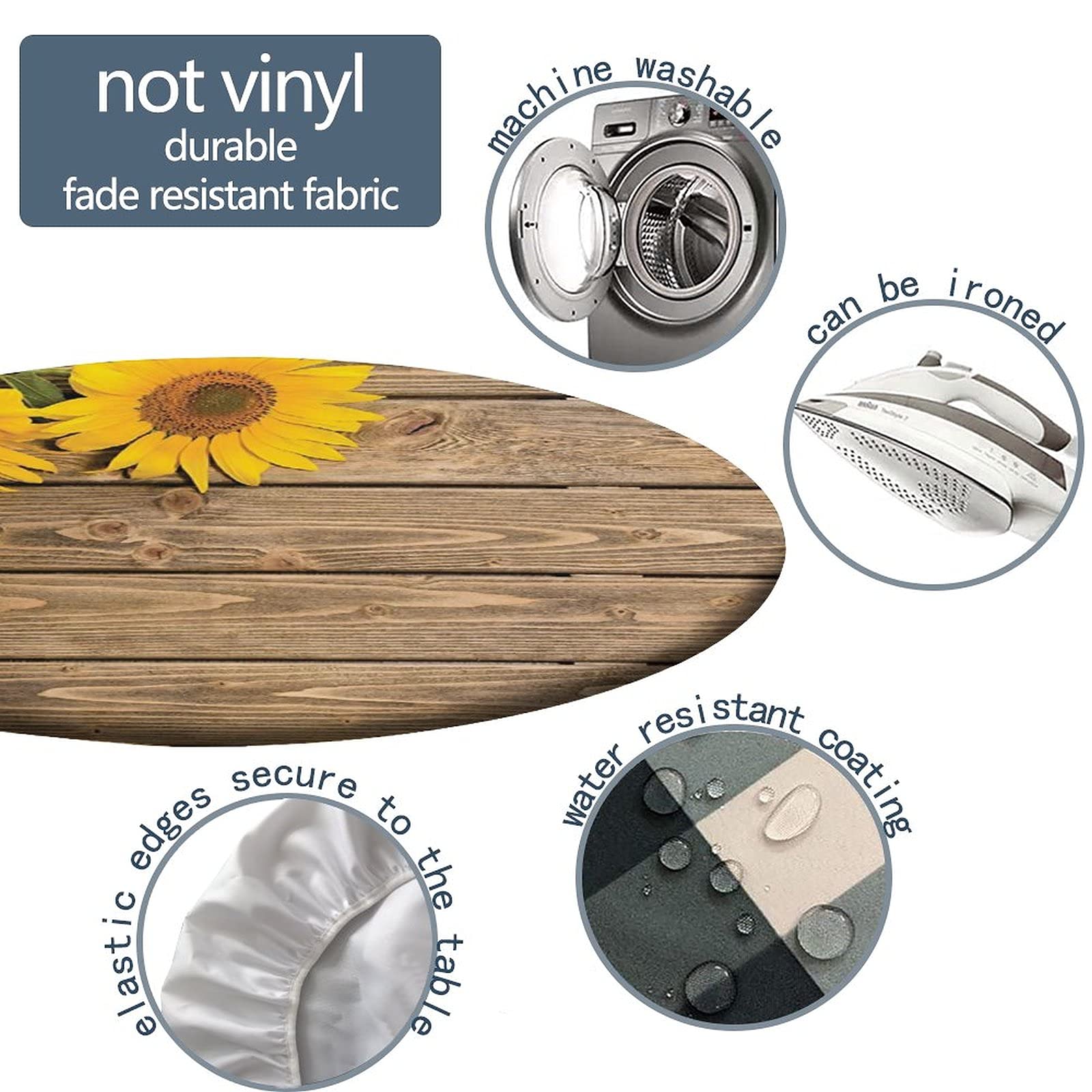 Sunflower Fitted Tablecloth Round 60 Inch - Elastic Edge Wood Grain Country Style Table Cover for Kitchen Dining Room, Outdoor Picnic Party & Decorative Use