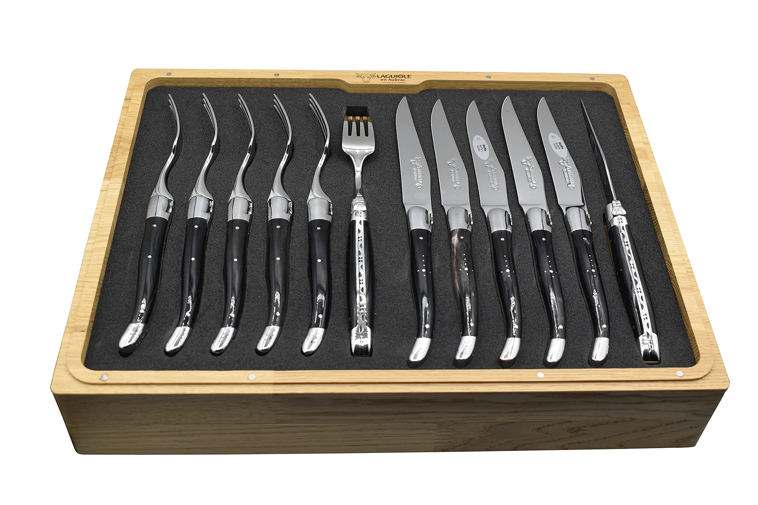 Premium Laguiole en Aubrac 24-Piece Flatware Set - 6 Steak Knives, 6 Forks, 6 Soup & 6 Tea Spoons - Luxury Stainless Steel Cutlery with Buffalo Horn Handles - Perfect for Fine Dining, Wedding Gifts & Elegant Table Settings