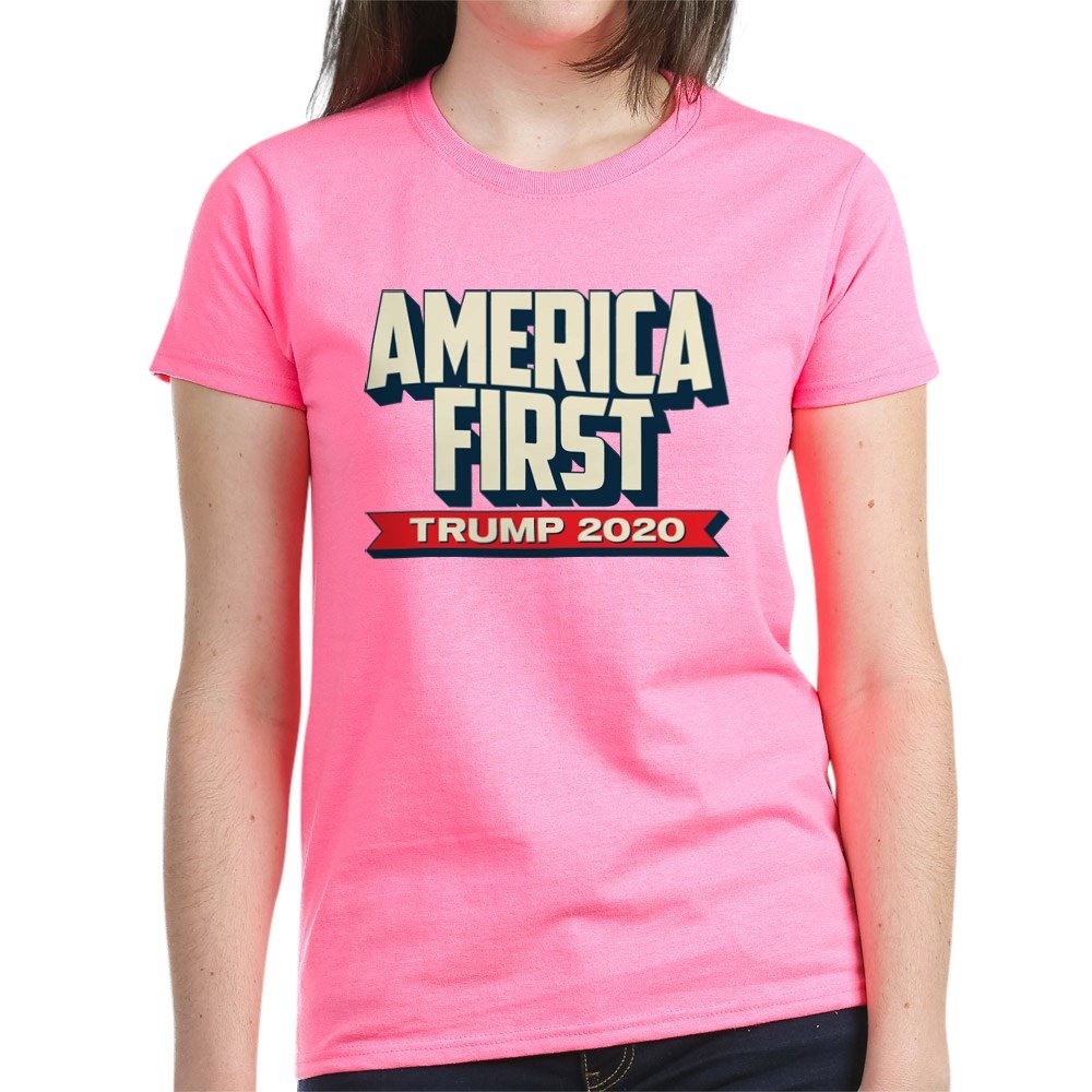 Trump 2020 America First Women's Cotton T-Shirt - Patriotic Political Campaign Tee for Conservative Supporters - Perfect for Rallies, Voting & 4th of July Celebrations