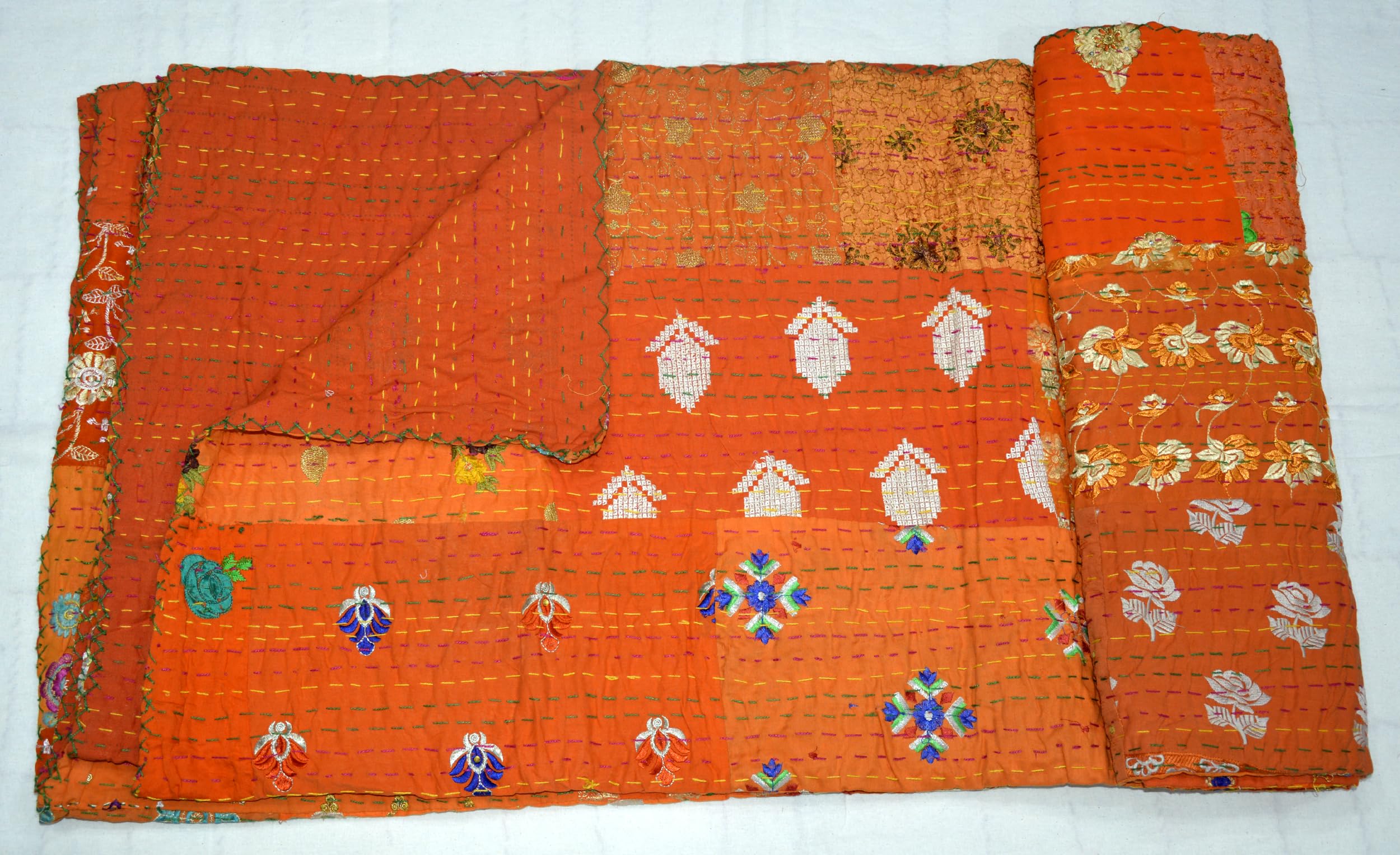 Marusthali Kantha Cotton Quilt - Handmade Indian Blanket with Sari Patchwork & Embroidery - Queen Size 90x108 Inch Bedspread, Throw, Coverlet - Orange with Sham Covers - Perfect for Boho Bedroom Decor, Guest Room Accent & Cozy Living Room Throw