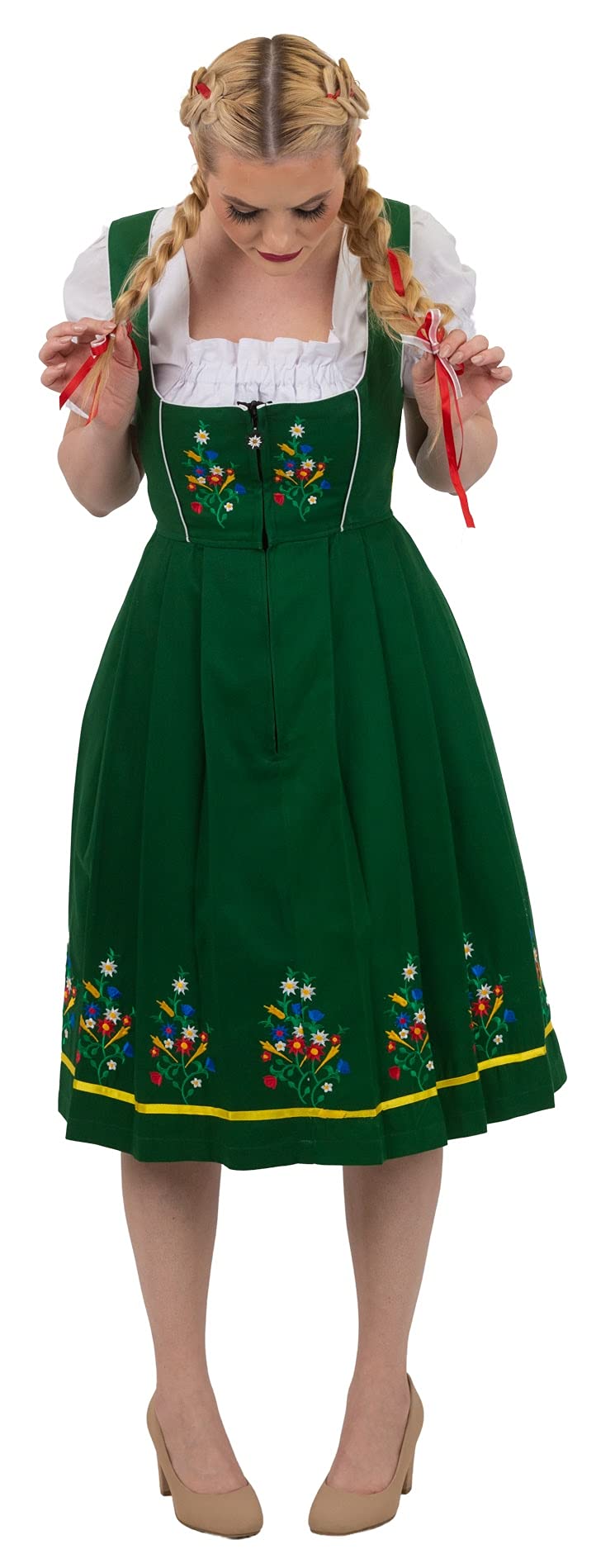 Authentic German Dirndl Dress 3-Piece Set - Long Midi Green Embroidered Oktoberfest Costume with Lace Apron & Crop Top | Traditional Bavarian Outfit for Oktoberfest, Beer Festival & Cultural Events