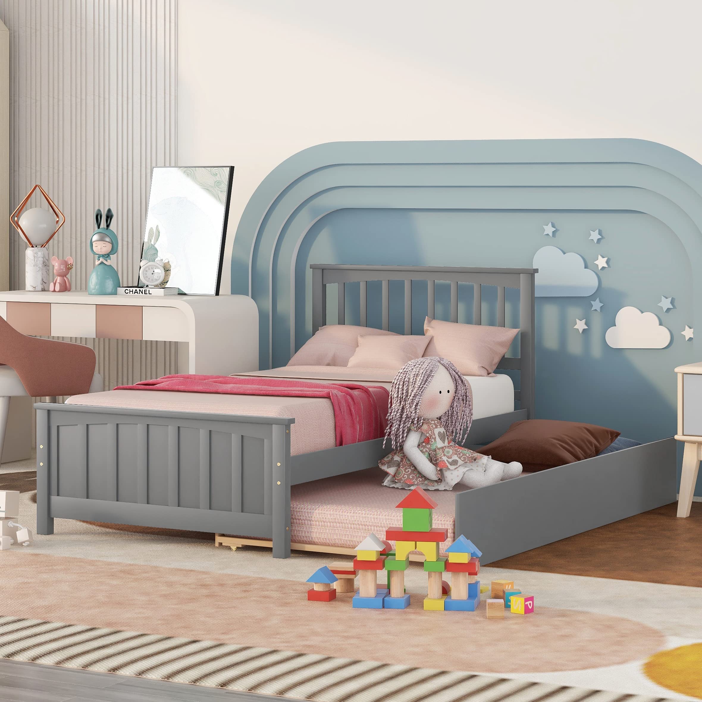 Harper & Bright Designs Twin Size Wood Platform Bed with Headboard & Trundle - Sturdy Kids Bed Frame with Slat Support, No Box Spring Needed (Gray) - Perfect for Small Bedrooms, Guest Rooms & Kids' Rooms