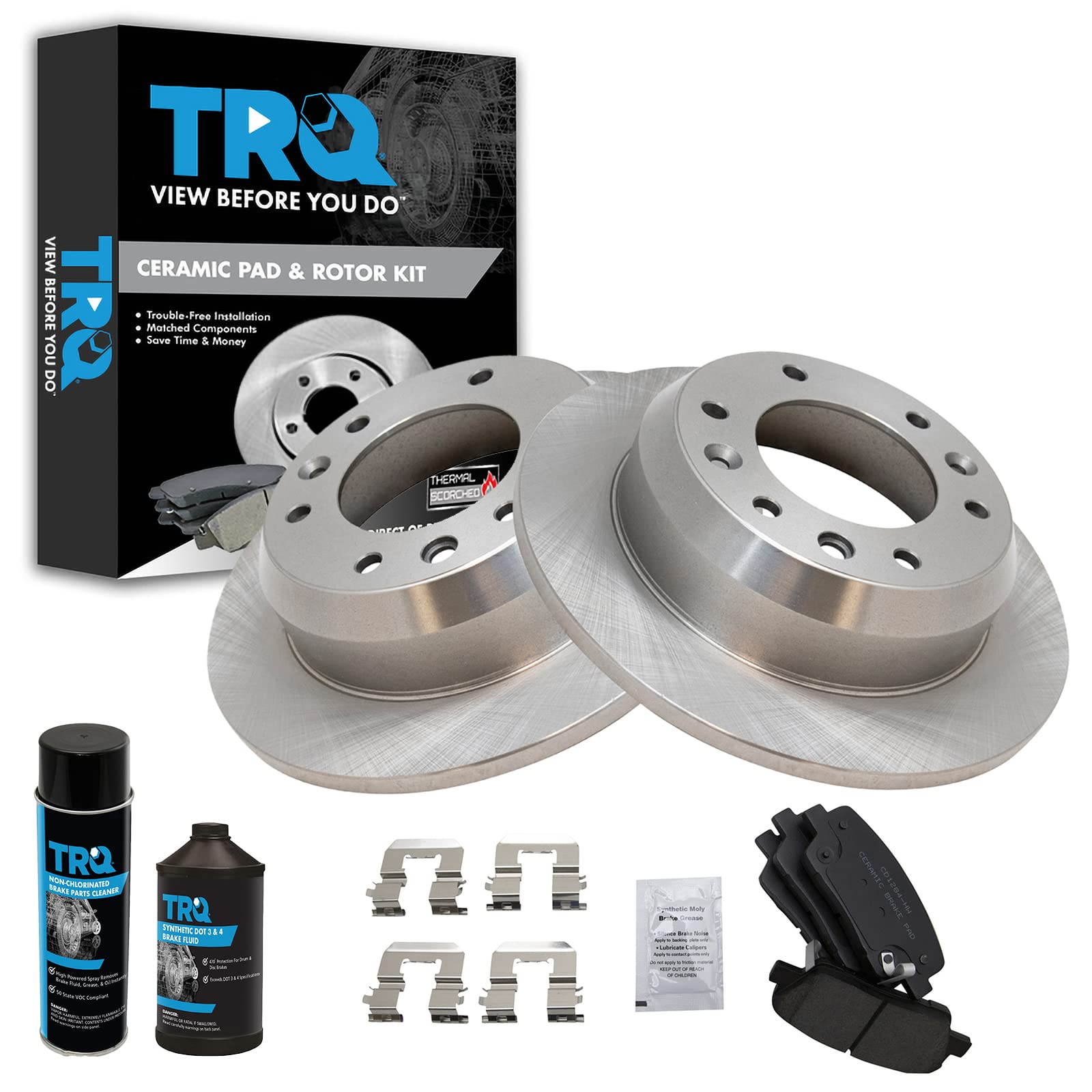 TRQ Rear Brake Pad & Rotor Kit - Ceramic Brake Pads & Rotors for 2007-2008 Hyundai Entourage & 2007-2012 Kia Sedona - Complete Brake Chemical Kit for Smooth Stopping & Quiet Performance - Perfect for Daily Commuting, Highway Driving & Towing