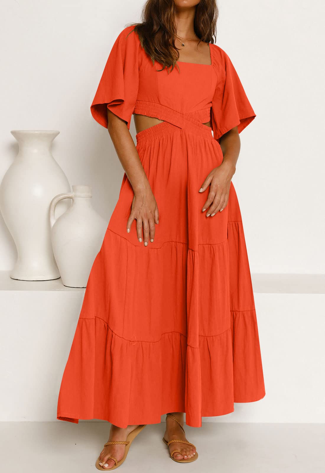 LEANI Women's 2025 Summer Cutout Maxi Dress - Square Neck Short Sleeve Crossover Waist Flowy Beach Dress for Casual Wear, Party & Vacation
