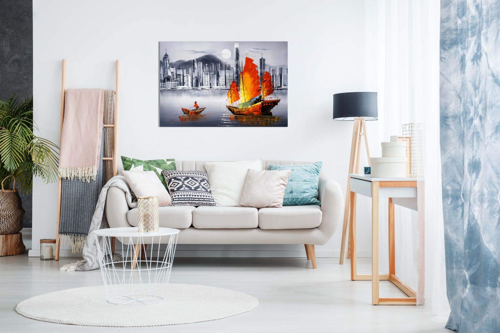 Hong Kong Harbour Boat Oil Painting Canvas Wall Art Print (36x24) - Stunning Home Decor for Living Room, Bedroom & Office