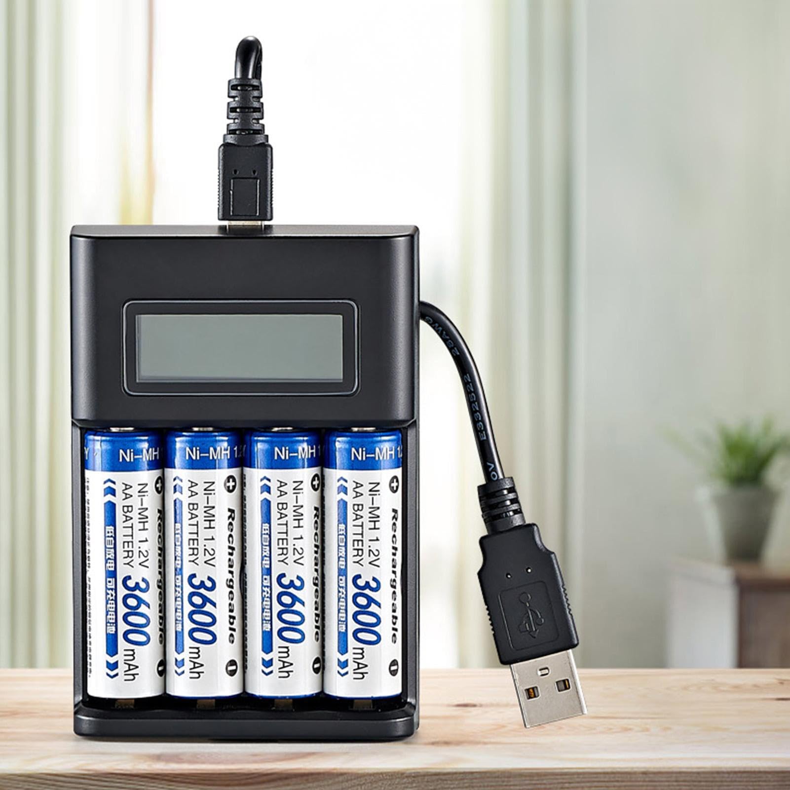 4-Slot USB AA AAA Battery Charger with Smart LCD Display - Fast Charging for 1.2V NiMH Rechargeable Batteries - Perfect for Cameras, Toys, Remote Controls & Electronic Devices