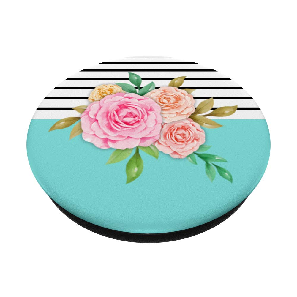 Grip Stripes Mint Floral Chic Pink Rose PopSocket PopGrip: Swappable Phone & Tablet Grip for Stylish Protection and Convenient Use at Home, Office, or Travel