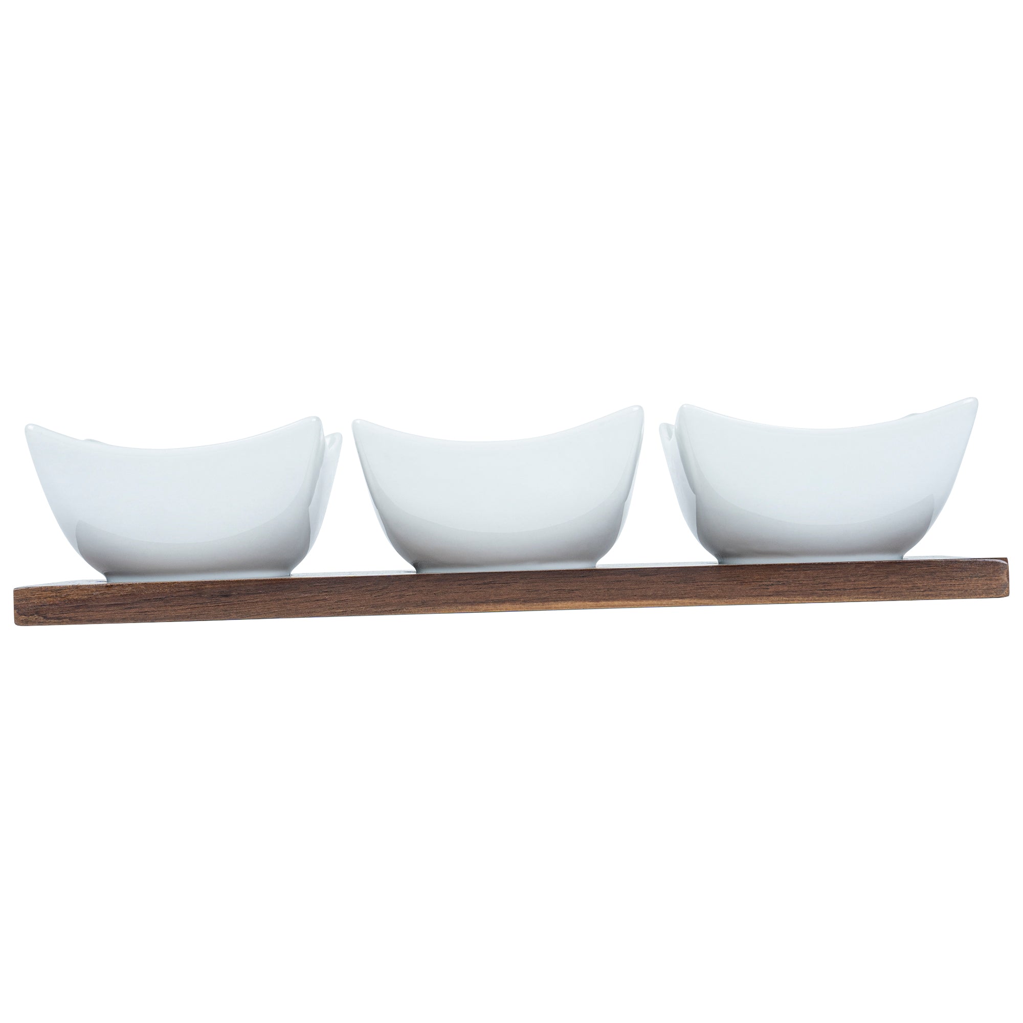 15 oz White Porcelain Cocktail Bowl Set with Bamboo Tray - 3 Rectangle Bowls (12x4x2.5 Inches) for Appetizers, Sushi & Party Snacks - Premium Dinnerware for Home & Restaurant Use