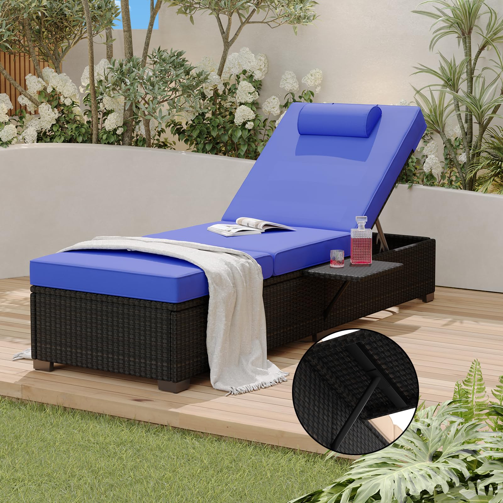 GAOMON 2-Piece Outdoor Patio Lounge Chair Set - Adjustable PE Wicker Chaise Lounge with Storage Table - Brown Rattan Poolside Furniture for Backyard, Garden & Beach Relaxation