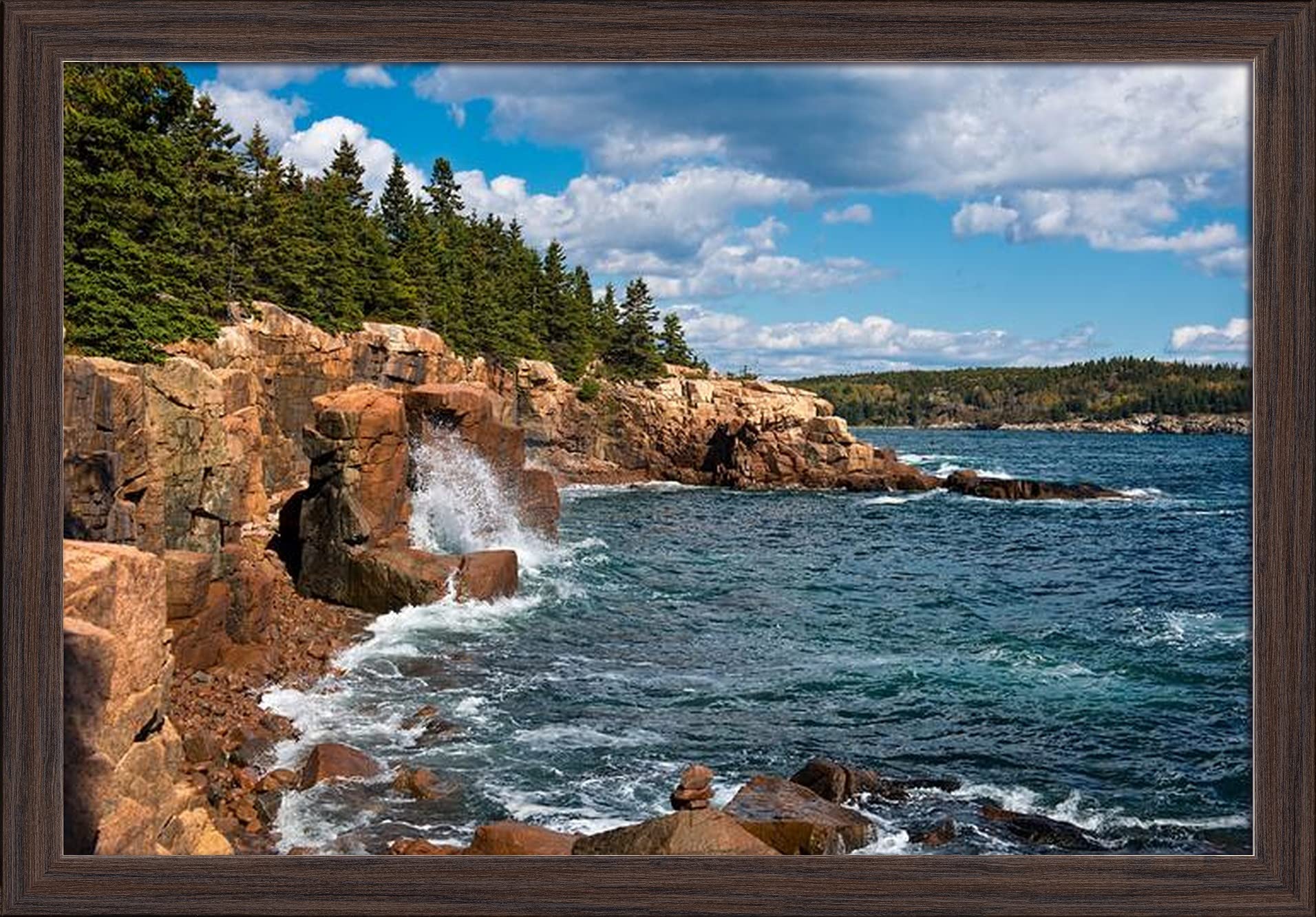 Acadia National Park Maine Ocean Shore Giclee Art Print 24x16 Gallery Framed in Espresso Wood - Perfect for Coastal Home Decor & Office Wall Art