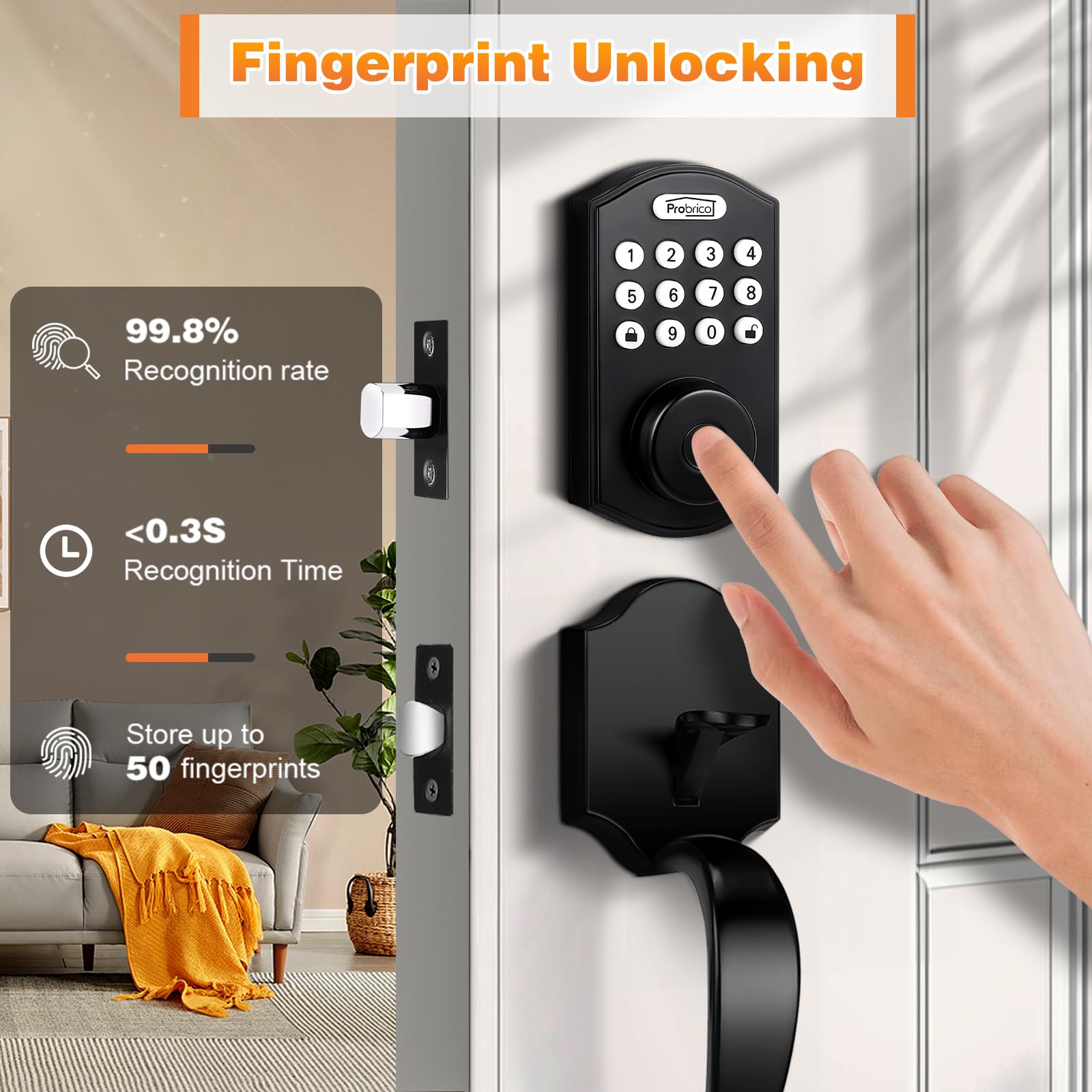 Probrico Smart Keyless Entry Door Lock - Keypad & Fingerprint Deadbolt with Handle for Front Door | Secure & Convenient Smart Locks for Home, Office & Vacation Rental Properties
