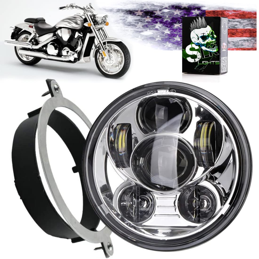 SLK-Lights VTX 5.75 Inch Chrome LED Projector Headlight - High Brightness Daymaker Round Motorcycle Light with Bracket & Hardware - Easy Plug & Play Installation for Honda VTX 1300 & VTX 1800 - Perfect for Night Riding, Commuting and Enhanced Road Visibility