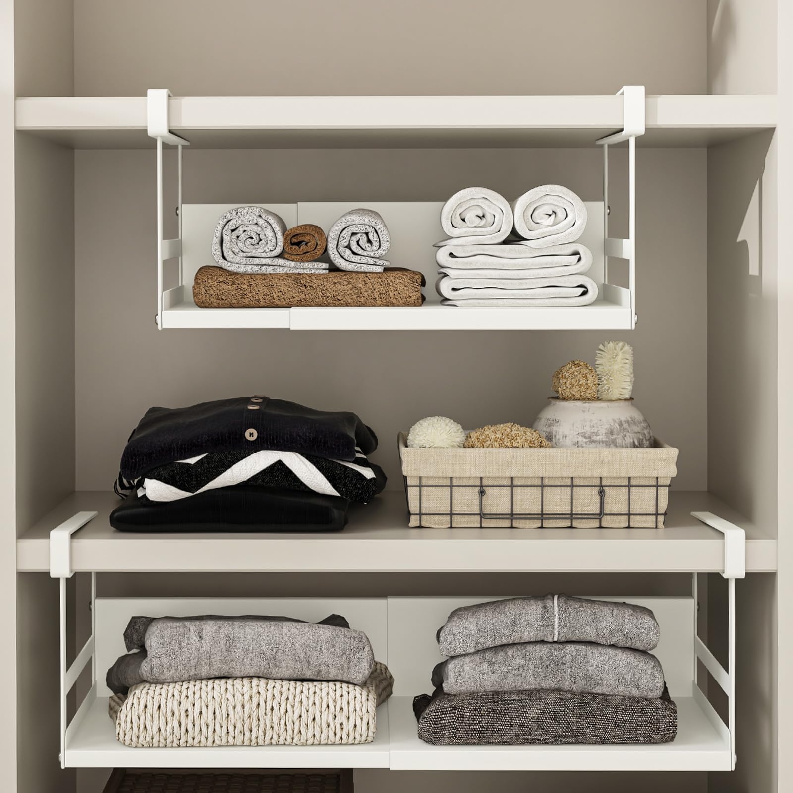 Heavy Duty Expandable Under Cabinet Shelf Organizer - 2 Pack White Under Shelf Storage Basket with 0.94-Inch Thick Clips (5.7