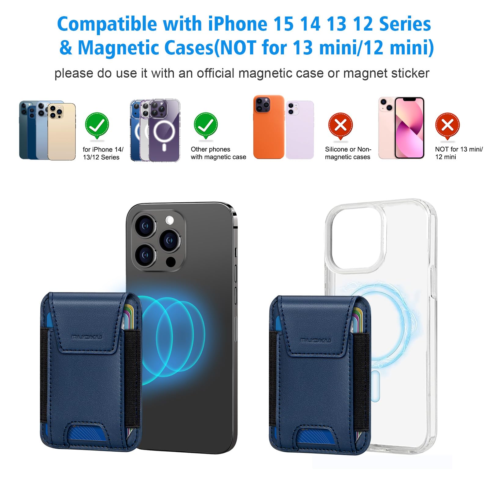Premium Genuine Leather Magnetic Phone Wallet for iPhone 15/14/13/12 Series - Magsafe Compatible Wallet with RFID Blocking & Privacy Flap - Holds 6 Cards (Excludes 13 Mini/12 Mini) - Perfect for Daily Commute, Travel & Contactless Payments