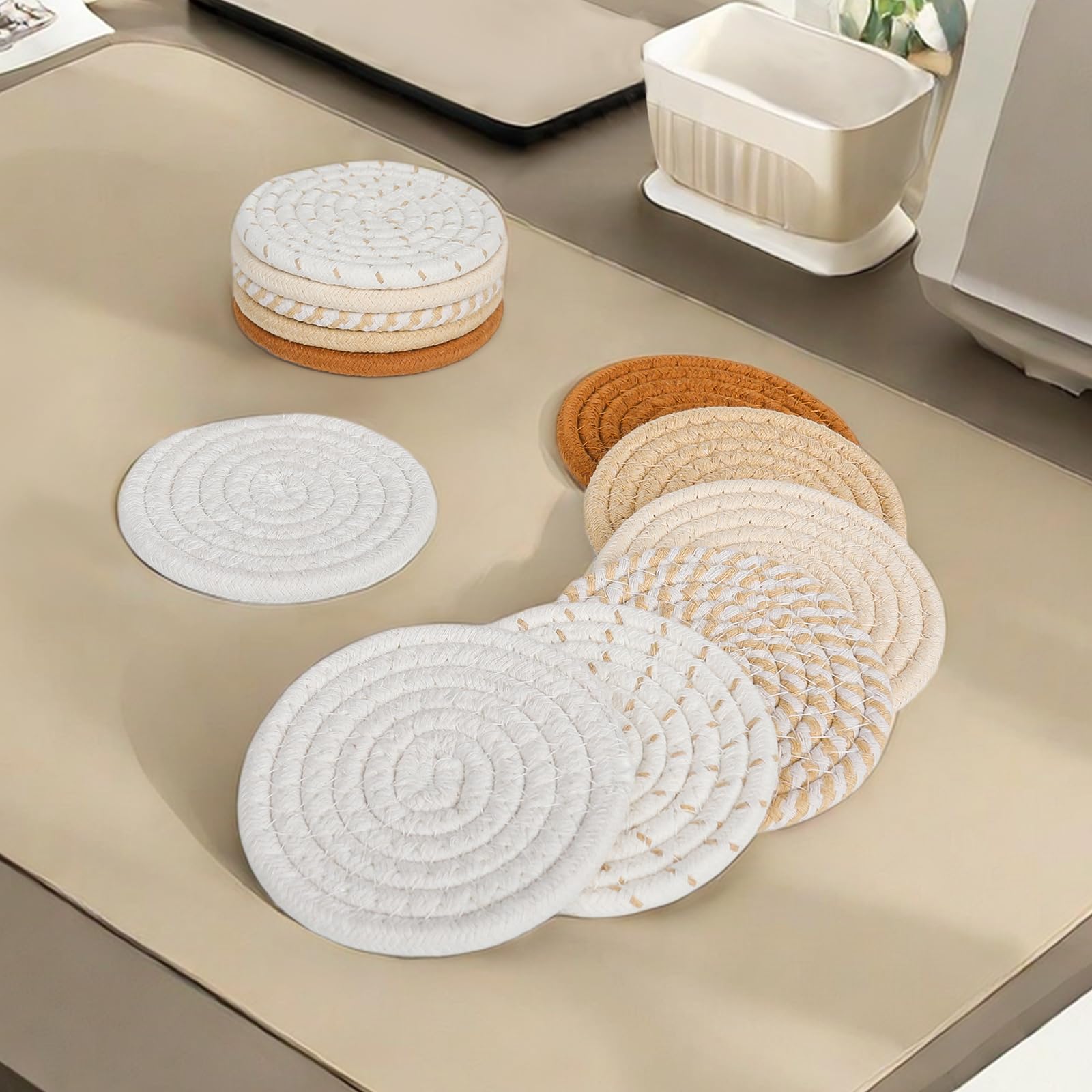 12 Pcs Boho Drink Coasters - Minimalist Cotton Handmade Woven Absorbent Coasters, Heat Resistant for Coffee, Tea & Beverages | Perfect for Kitchen, Dining Table, Home Decor & Housewarming Gifts