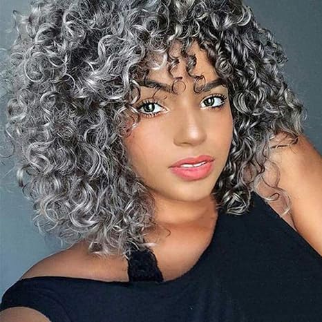Rosmile Ombre Gray Synthetic Kinky Curly Afro Wig for Black Women - Full Lace Wig with Bangs | Perfect for Cosplay, Halloween, and Daily Fashion Styling