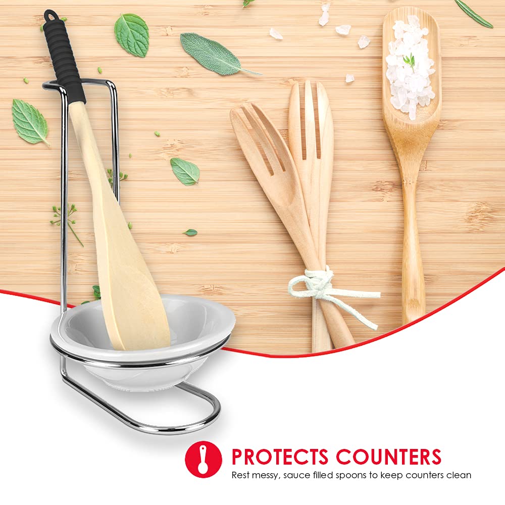 Home Basics Standing Spoon Rest with Ceramic Tray & Wooden Spoon Holder - Kitchen Countertop Organizer for Spatula, Ladle & Utensils - Chrome Finish (2-Pack, Ceramic) - Perfect for Stovetop, Cooking & Meal Prep