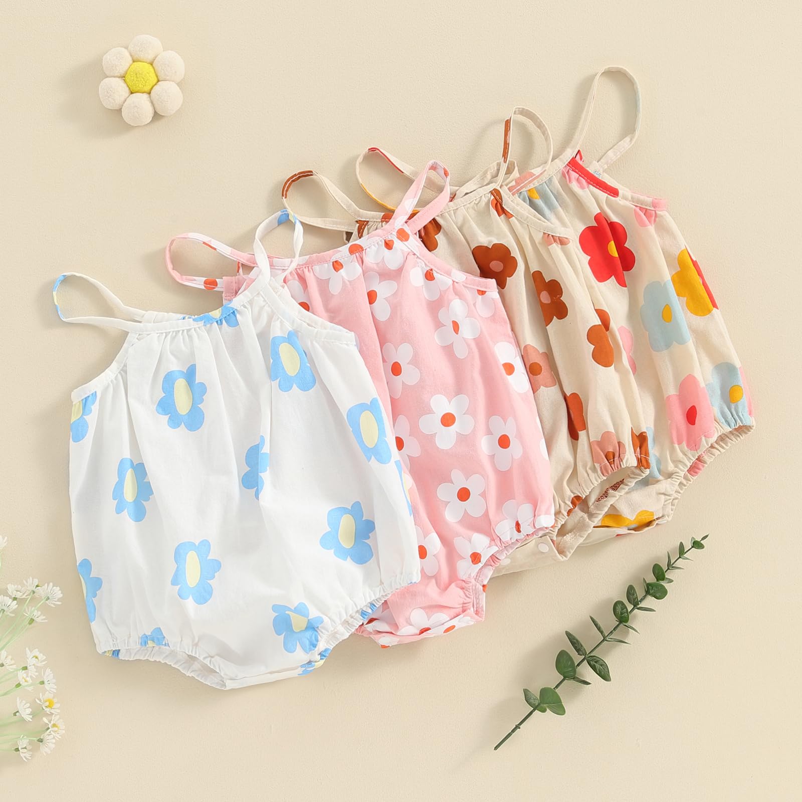 Baby Girl Summer Romper - Spaghetti Strap Sleeveless Flower Onesie Boho Outfit for Infants | Perfect for Beach, Park & Outdoor Play