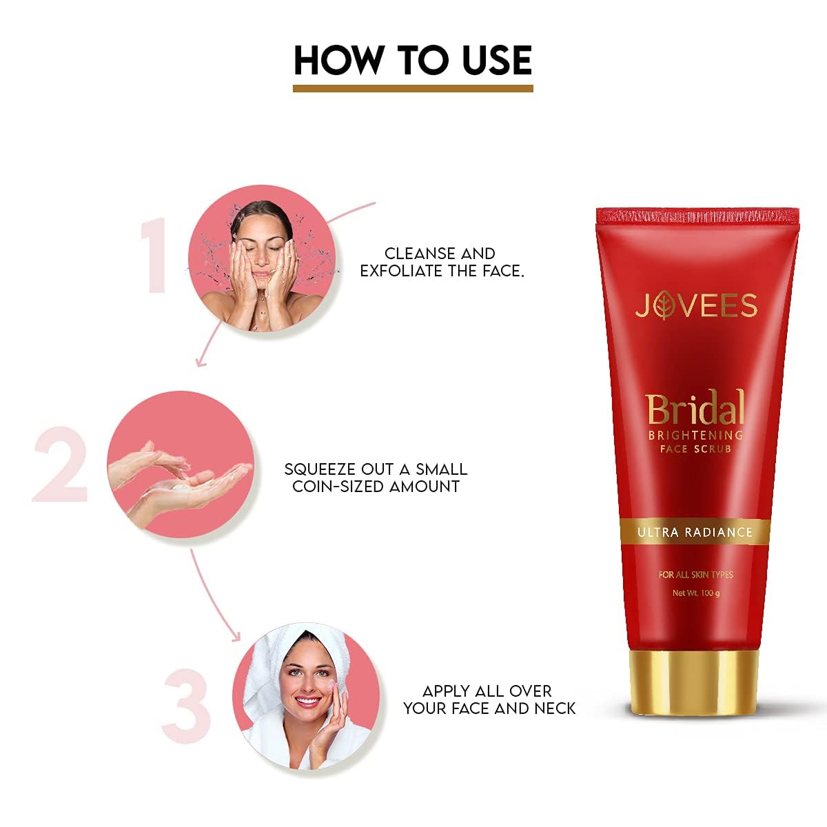 Jovees Herbal Bridal Brightening Face Scrub with Turmeric, Honey & Pearl Millet Flour - Exfoliating Facial Cleanser for Glowing Skin, Gentle Dead Skin Removal, All Skin Types 100g - Perfect for Bridal Prep & Daily Skincare Routine