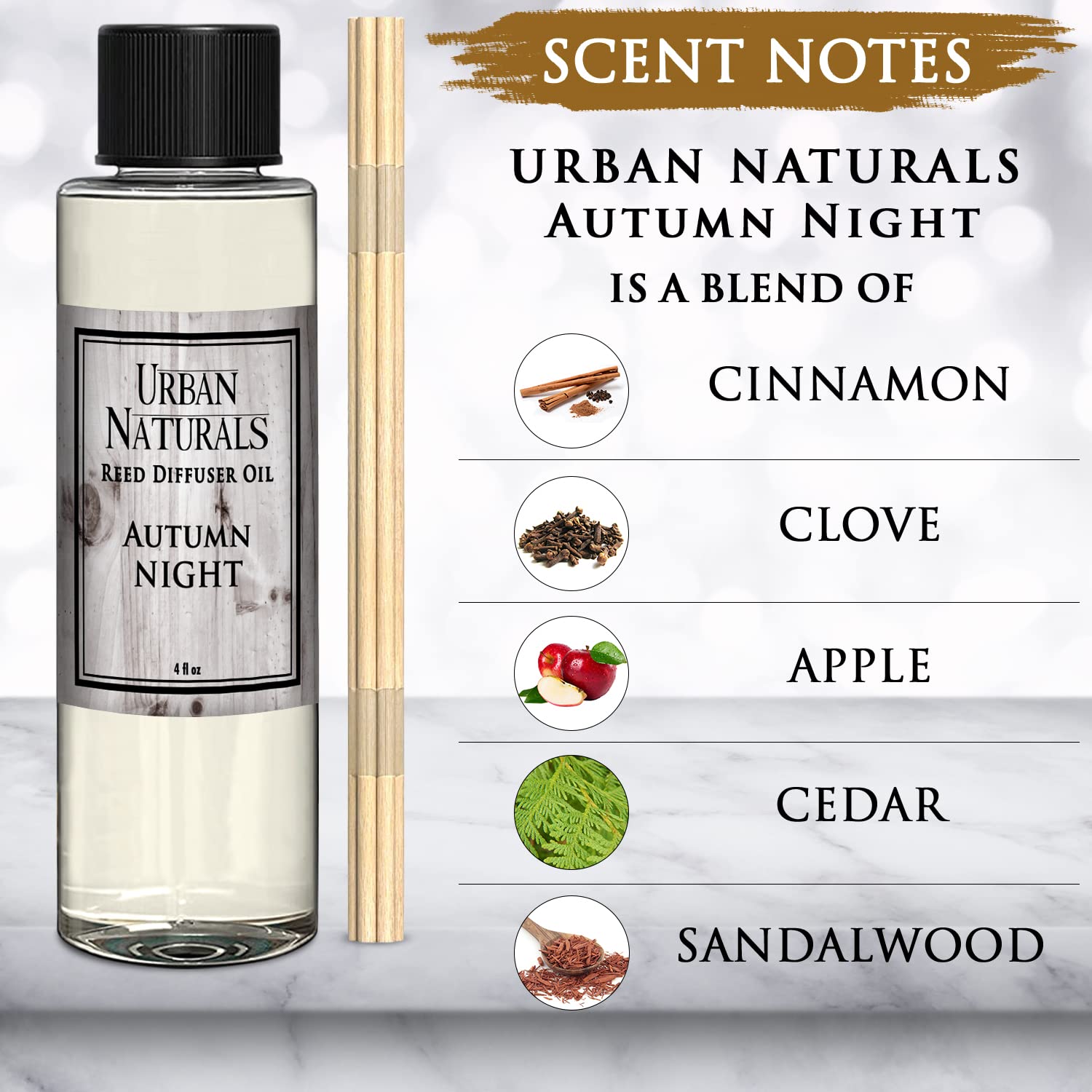 Urban Naturals Autumn Night Reed Diffuser Refill Oil - Woodsy Fall Scent with Cinnamon, Nutmeg, Clove, Apple, Cedar & Sandalwood | 4 oz | Includes Free Reed Sticks | Perfect for Home, Office & Gift Giving