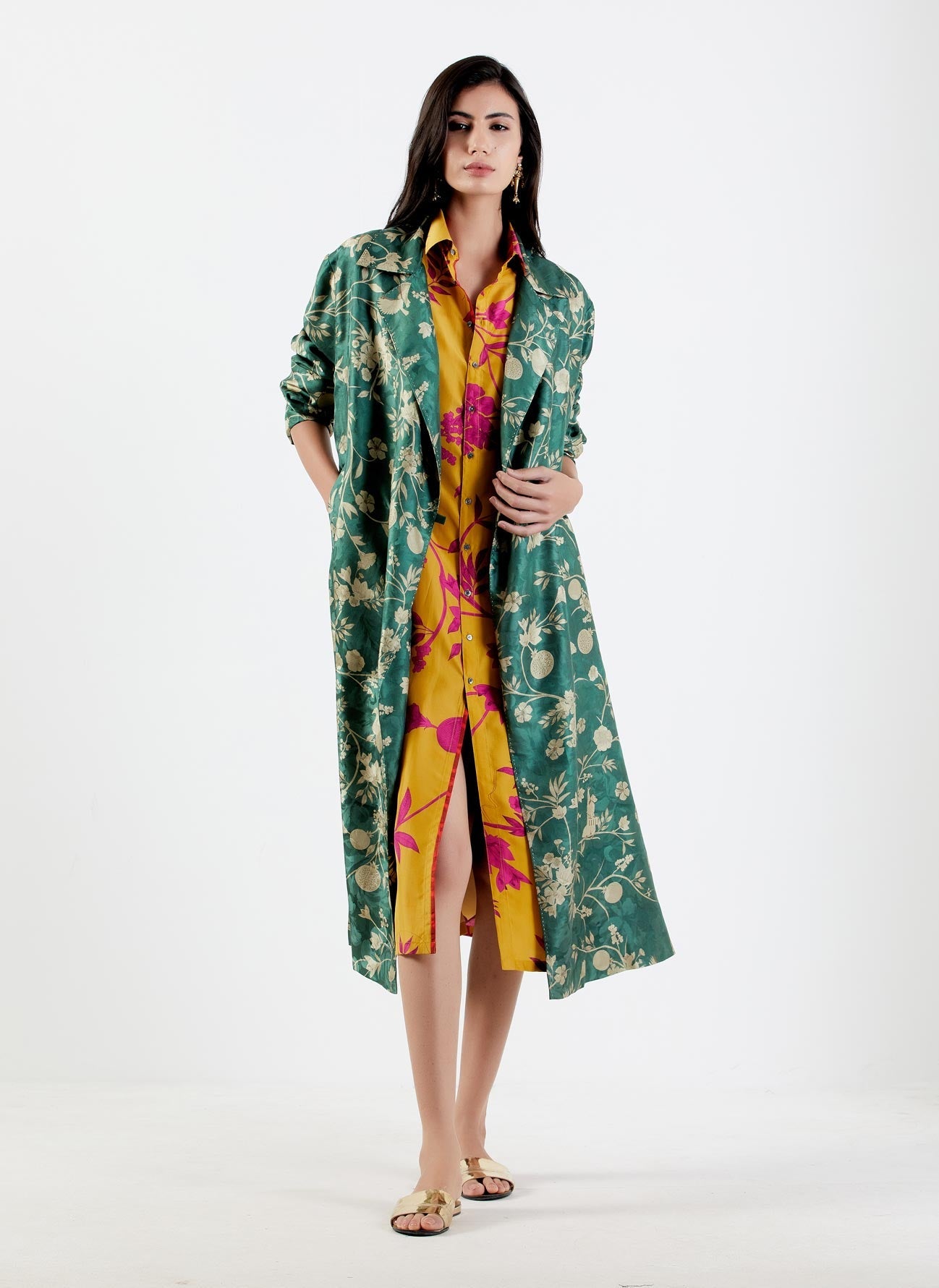 Luxury Long Silk Damask Coat for Women - Elegant Forest Print Outerwear for Fall & Winter | Perfect for Formal Events, Weddings & Evening Occasions