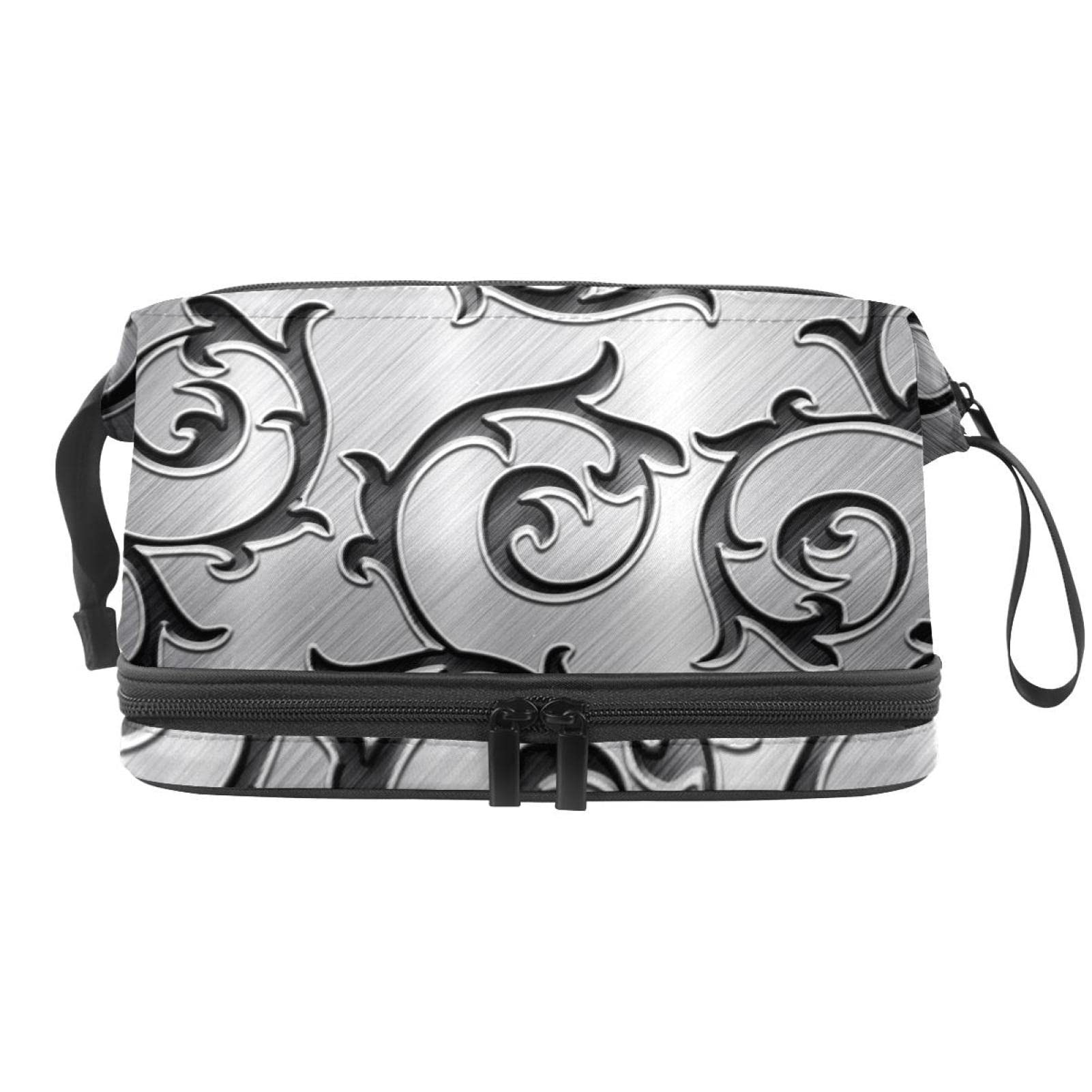 Large Travel Cosmetic Bag for Women - Textured Metal Silver Floral Makeup Organizer & Toiletry Pouch | Perfect for Vacation, Gym, Business Trips & Daily Essentials Storage