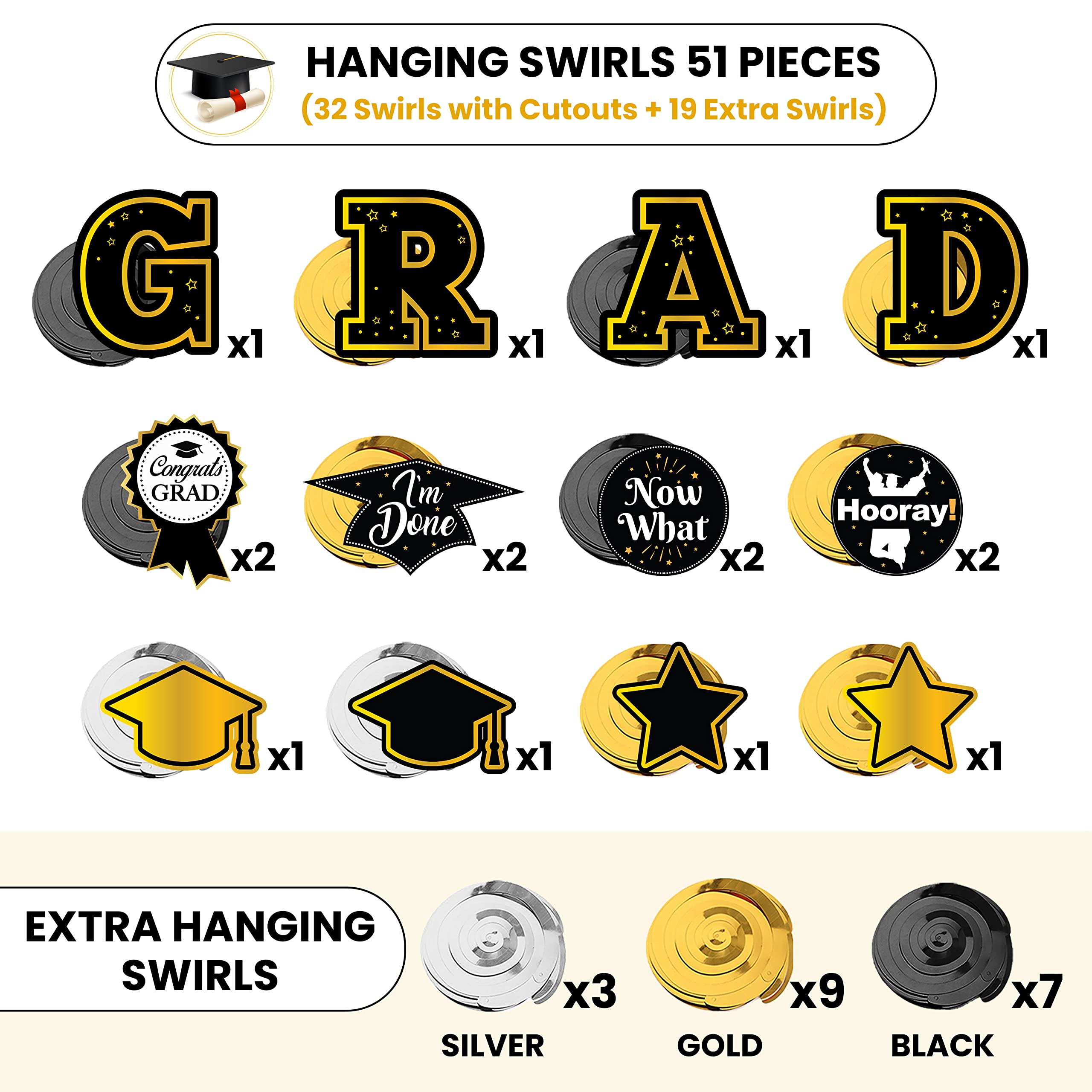 KatchOn Graduation Hanging Swirl Decorations - 35 Pack Black & Gold Party Decor for 2025 Graduation Ceremony | No DIY Required | Perfect for Graduation Parties, School Events & Photo Backdrops